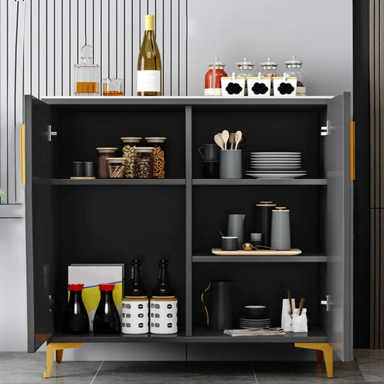 Glam Grey Wooden Sideboard with Cabinets Image - 5 | homeyfad