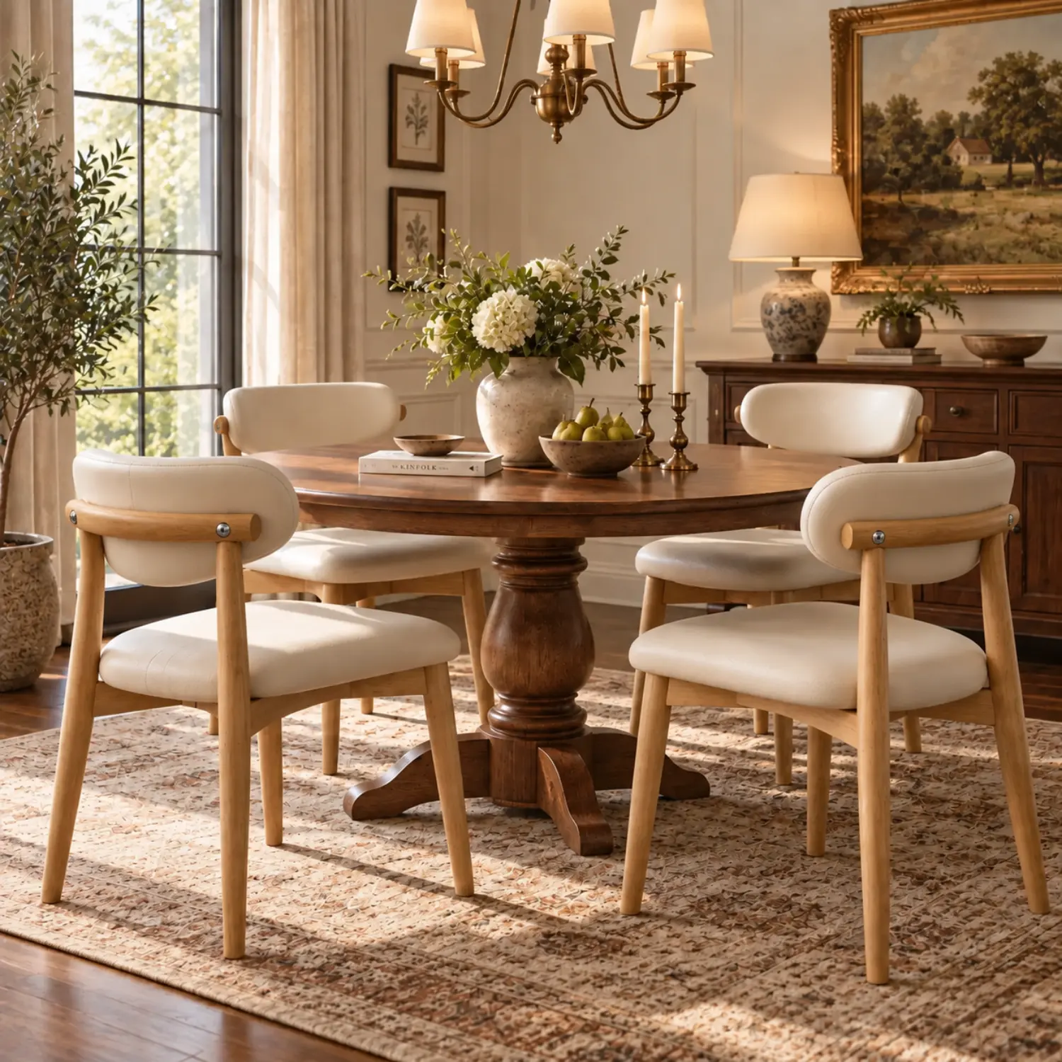 Mid-Century Modern Faux Leather Solid Wood Dining Chair With Upholstered Curved Back Set of 2 Image - 3 | homeyfad