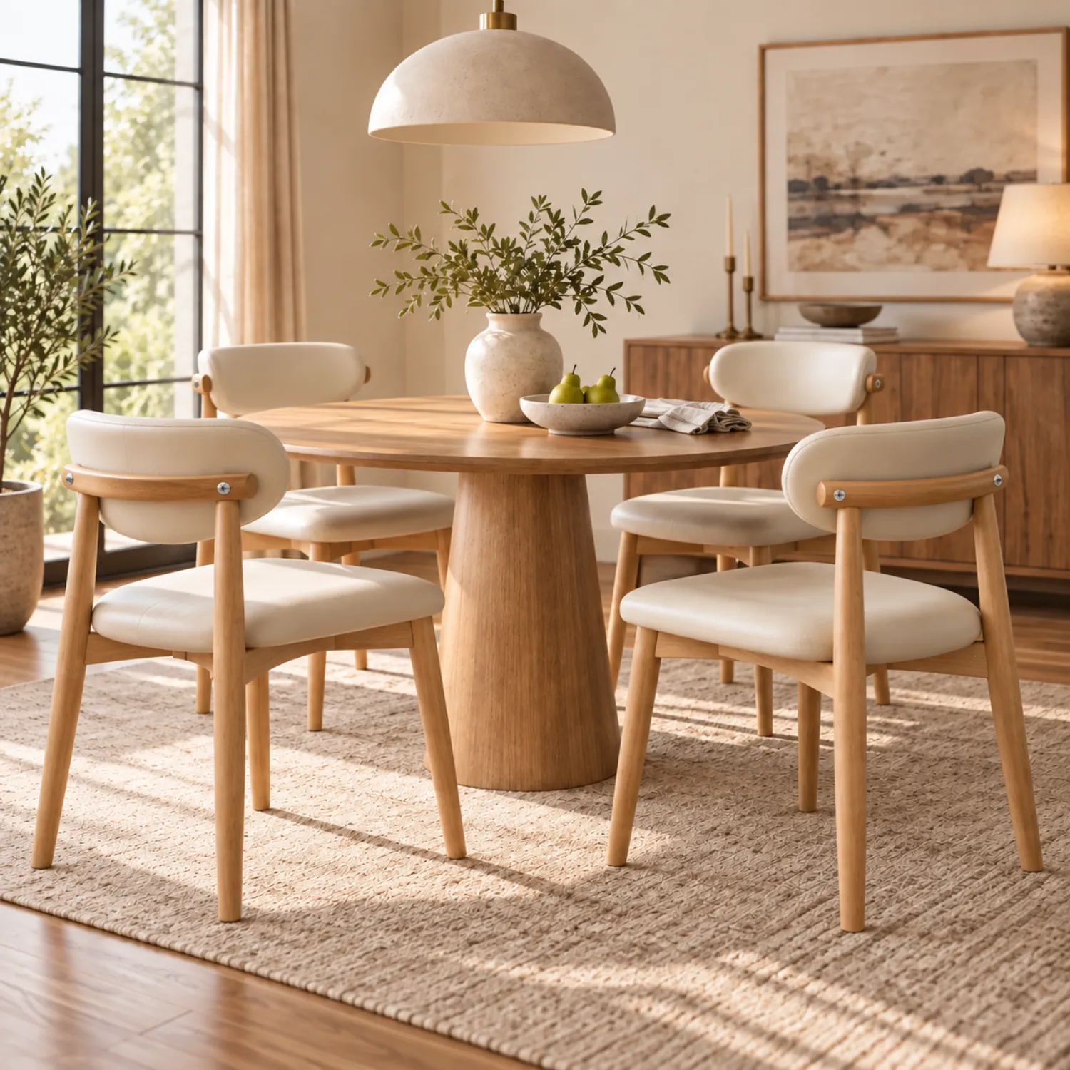 Mid-Century Modern Faux Leather Solid Wood Dining Chair With Upholstered Curved Back Set of 2 Image - 4 | homeyfad