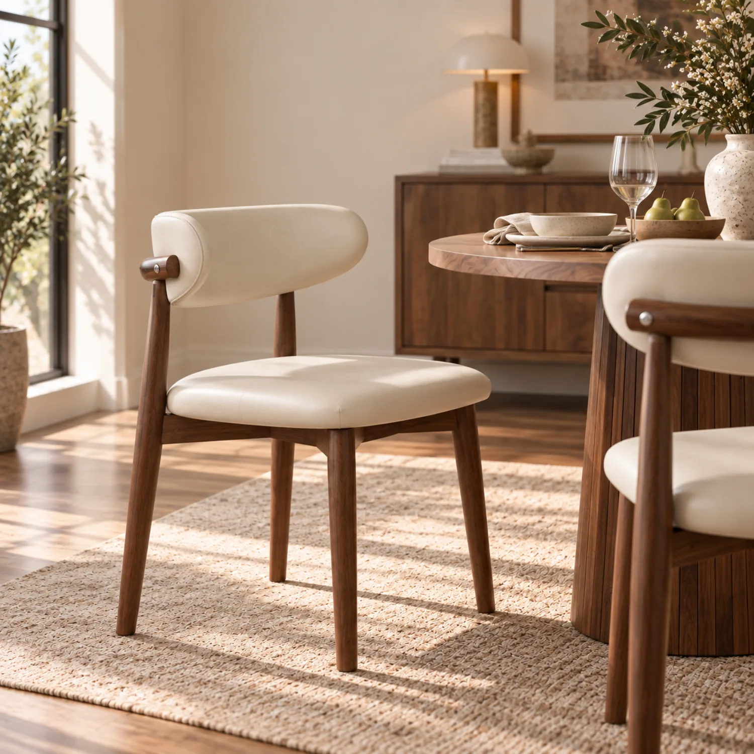 Mid-Century Modern Faux Leather Solid Wood Dining Chair With Upholstered Curved Back Set of 2 Image - 1 | homeyfad