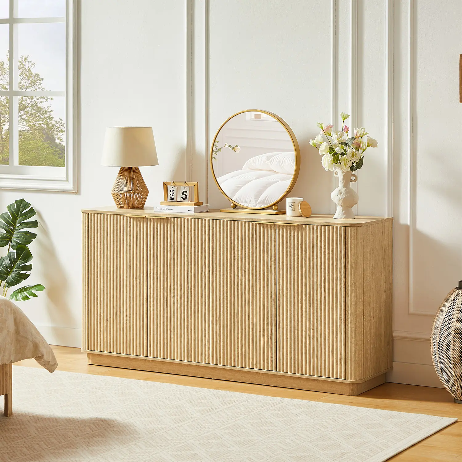 63" Mid-century Wooden Sideboard With Fluted Front Door Image - 3 | homeyfad