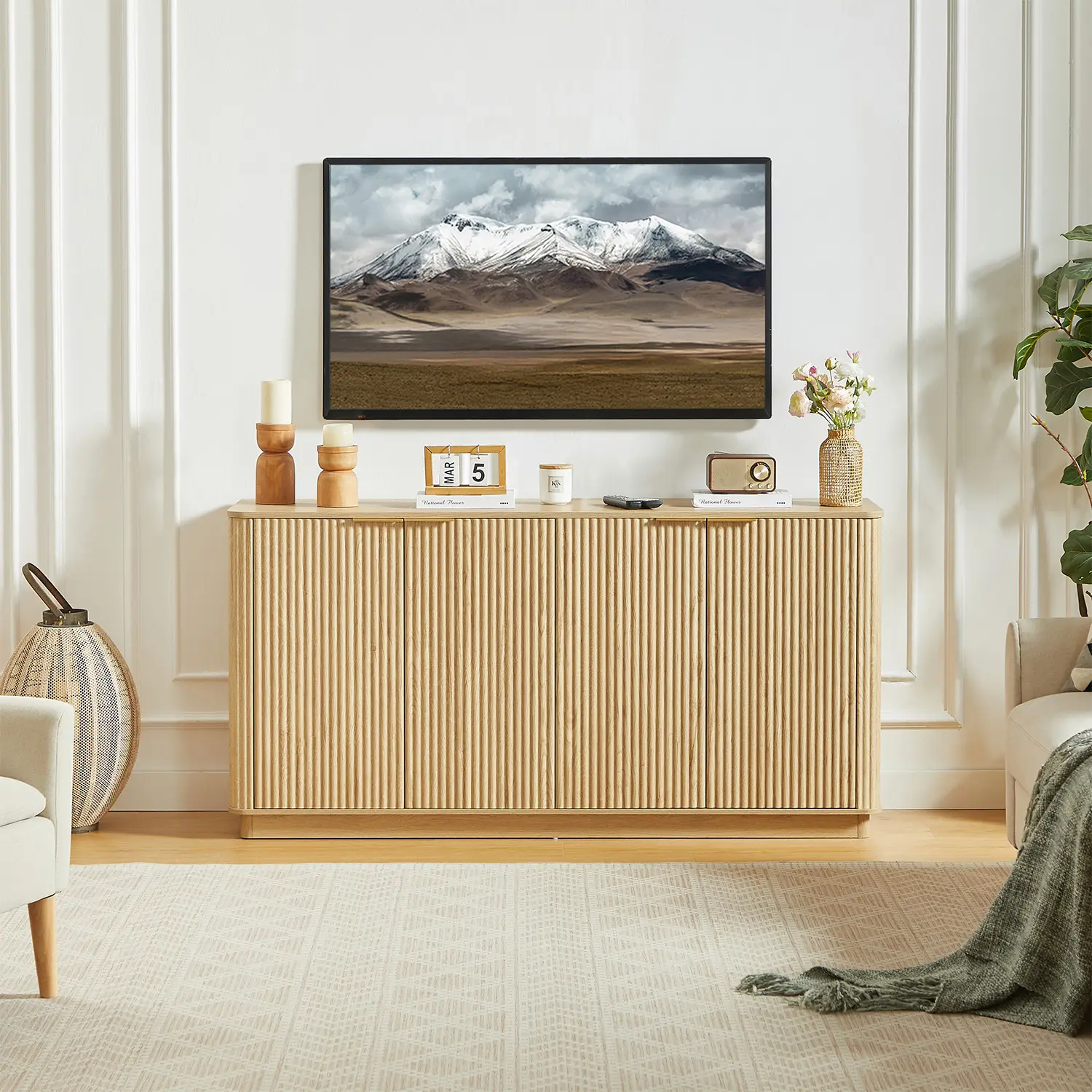 63" Mid-century Wooden Sideboard With Fluted Front Door Image - 4 | homeyfad
