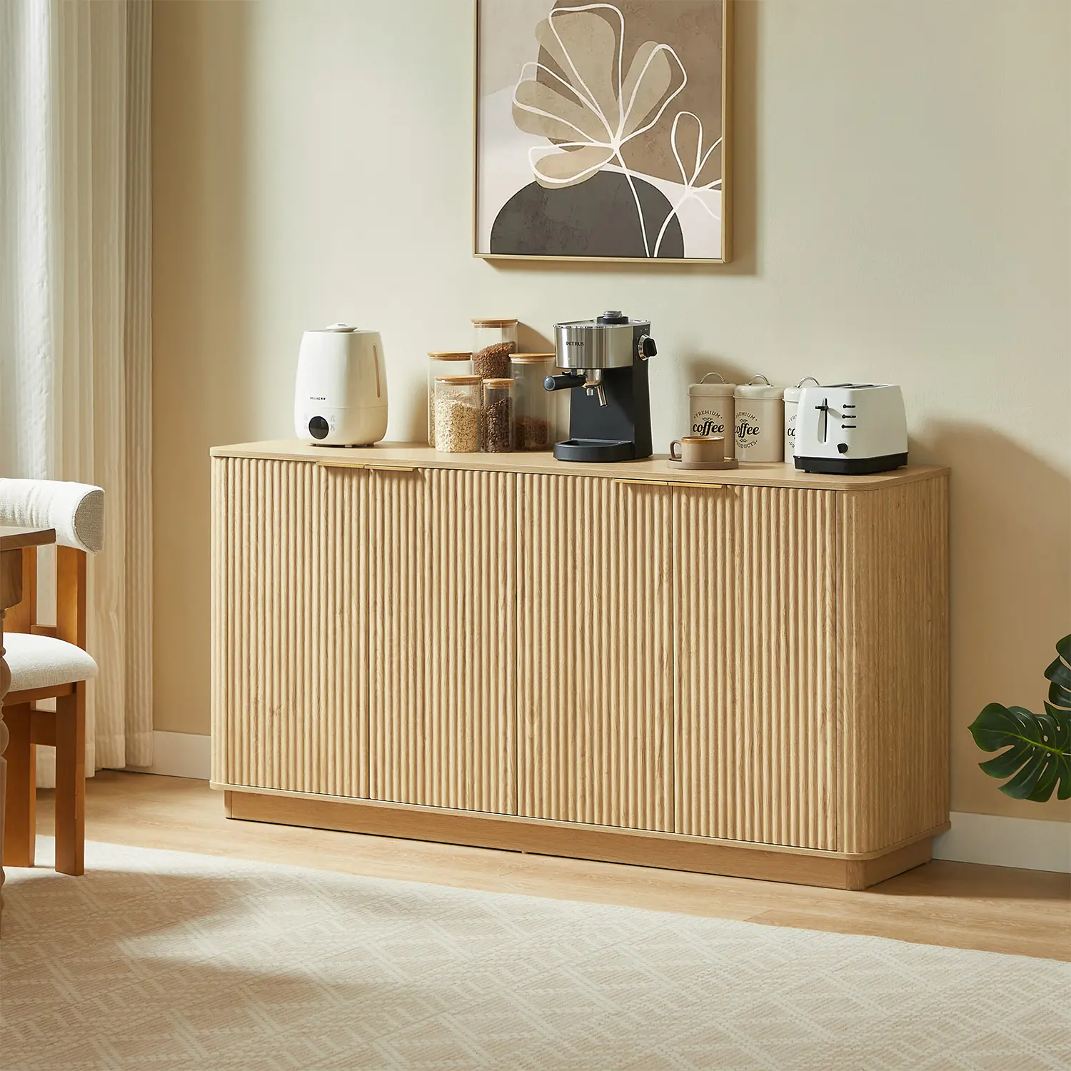 Oak 63" Mid-century Wooden Sideboard With Fluted Front Door Image - 1 | homeyfad