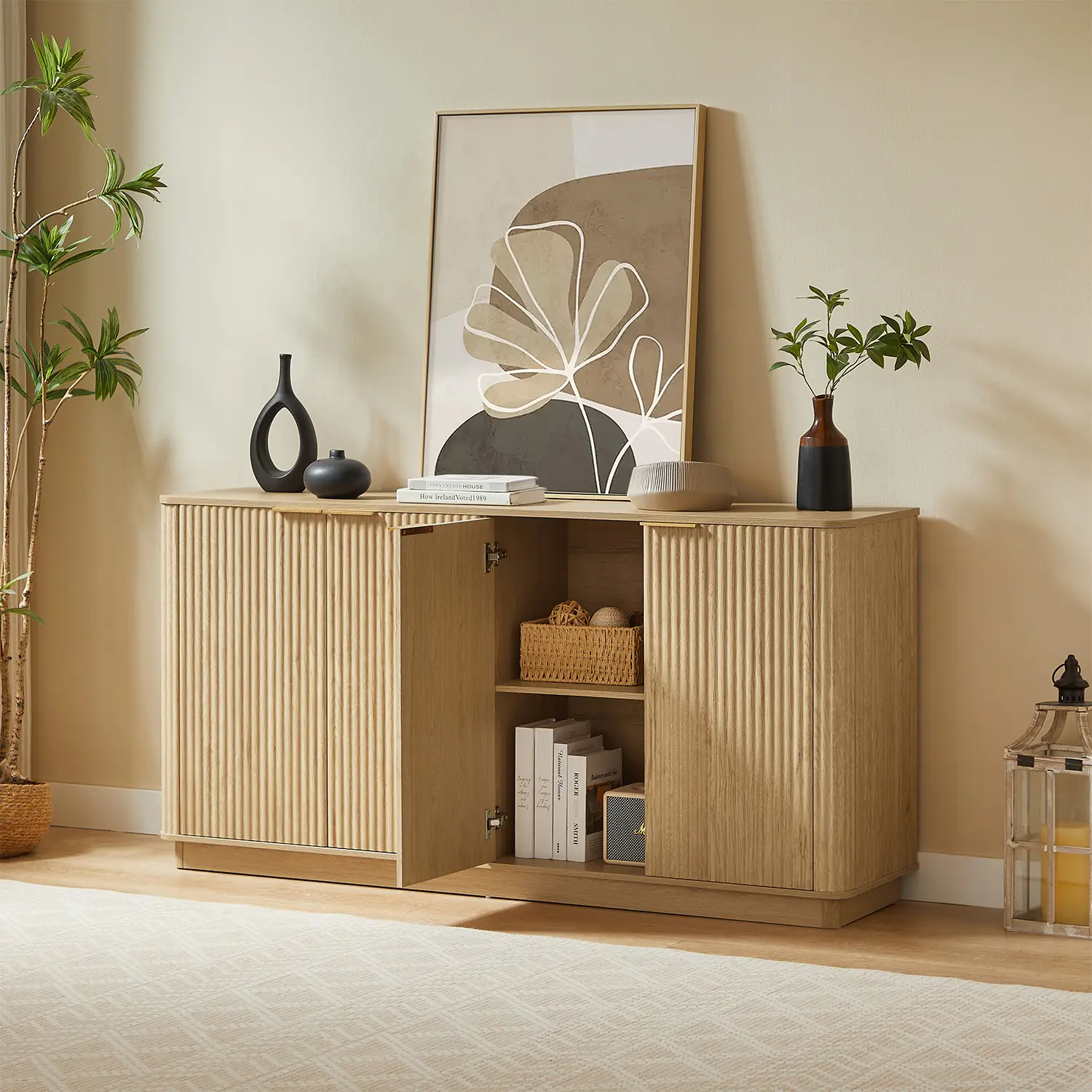 63" Mid-century Wooden Sideboard With Fluted Front Door Image - 2 | homeyfad