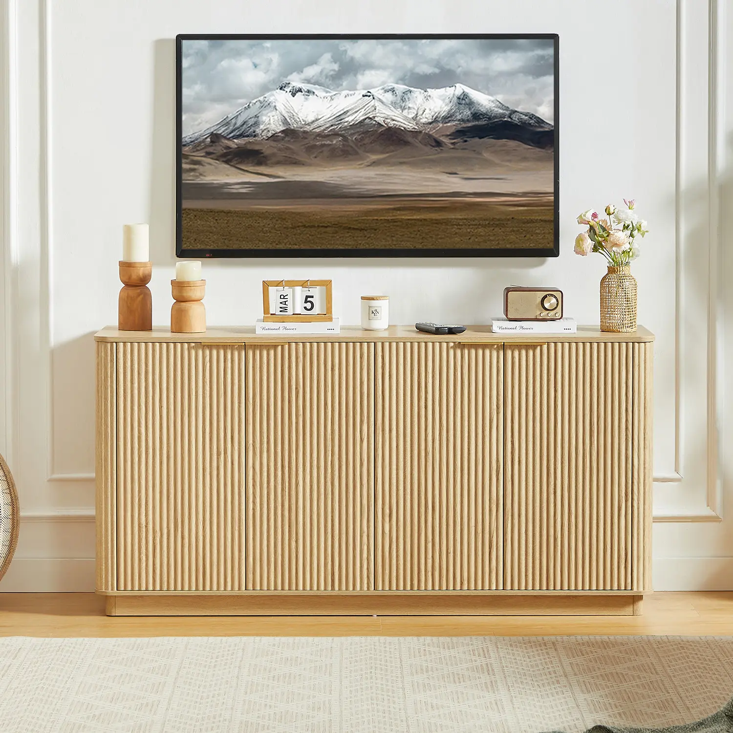 63" Mid-century Wooden Sideboard With Fluted Front Door Image - 5 | homeyfad