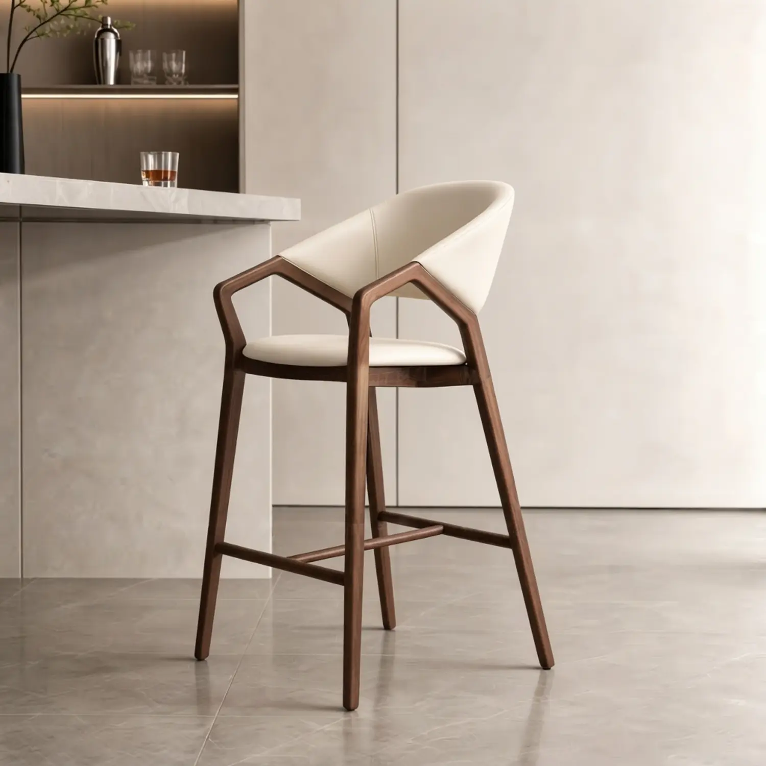 Beige Solid Ash Wood Upholstered curved back Bar Stool set of 2 Image - 3 | homeyfad