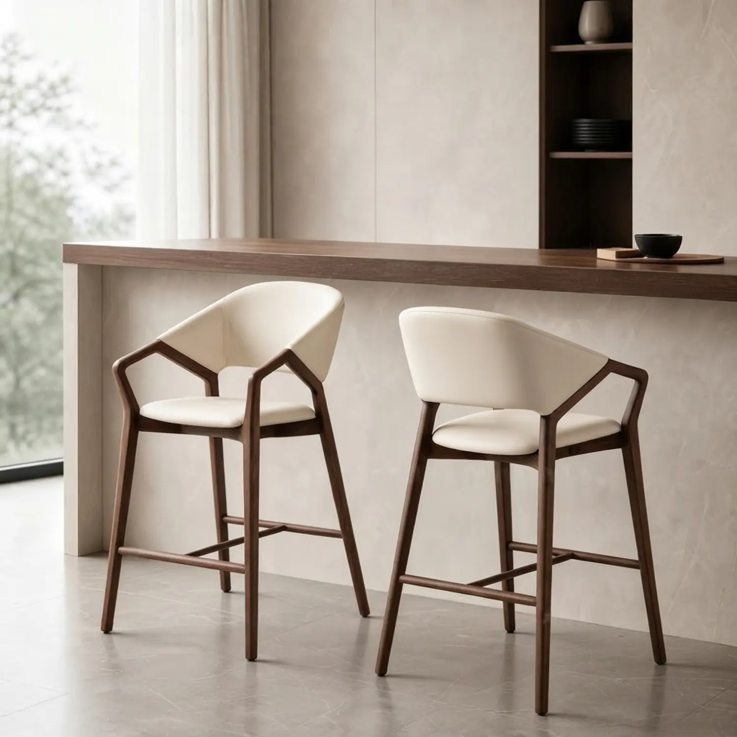 Beige Counter Stool (25.5"H) 2 Piece Set Beige Solid Ash Wood Upholstered curved back Bar Stool set of 2 Image - 1 | homeyfad