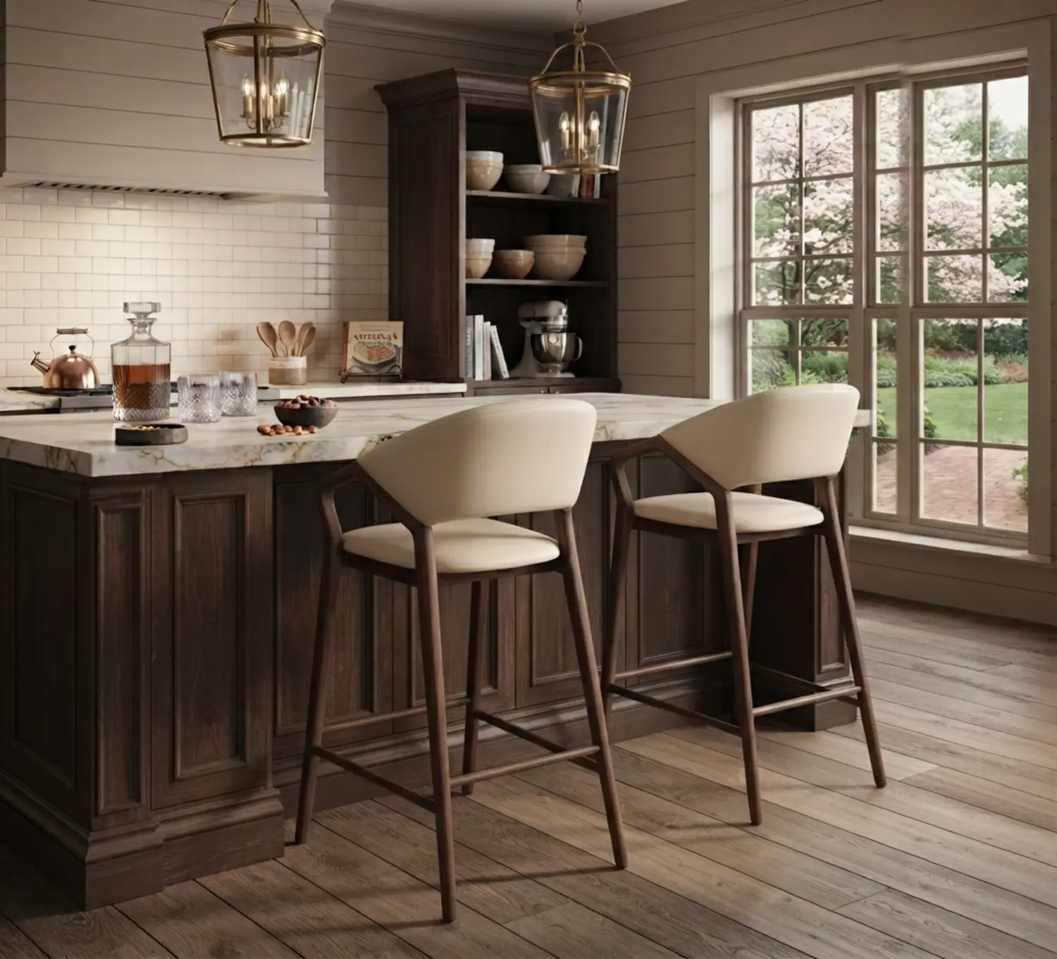 Beige Solid Ash Wood Upholstered curved back Bar Stool set of 2 Image - 2 | homeyfad