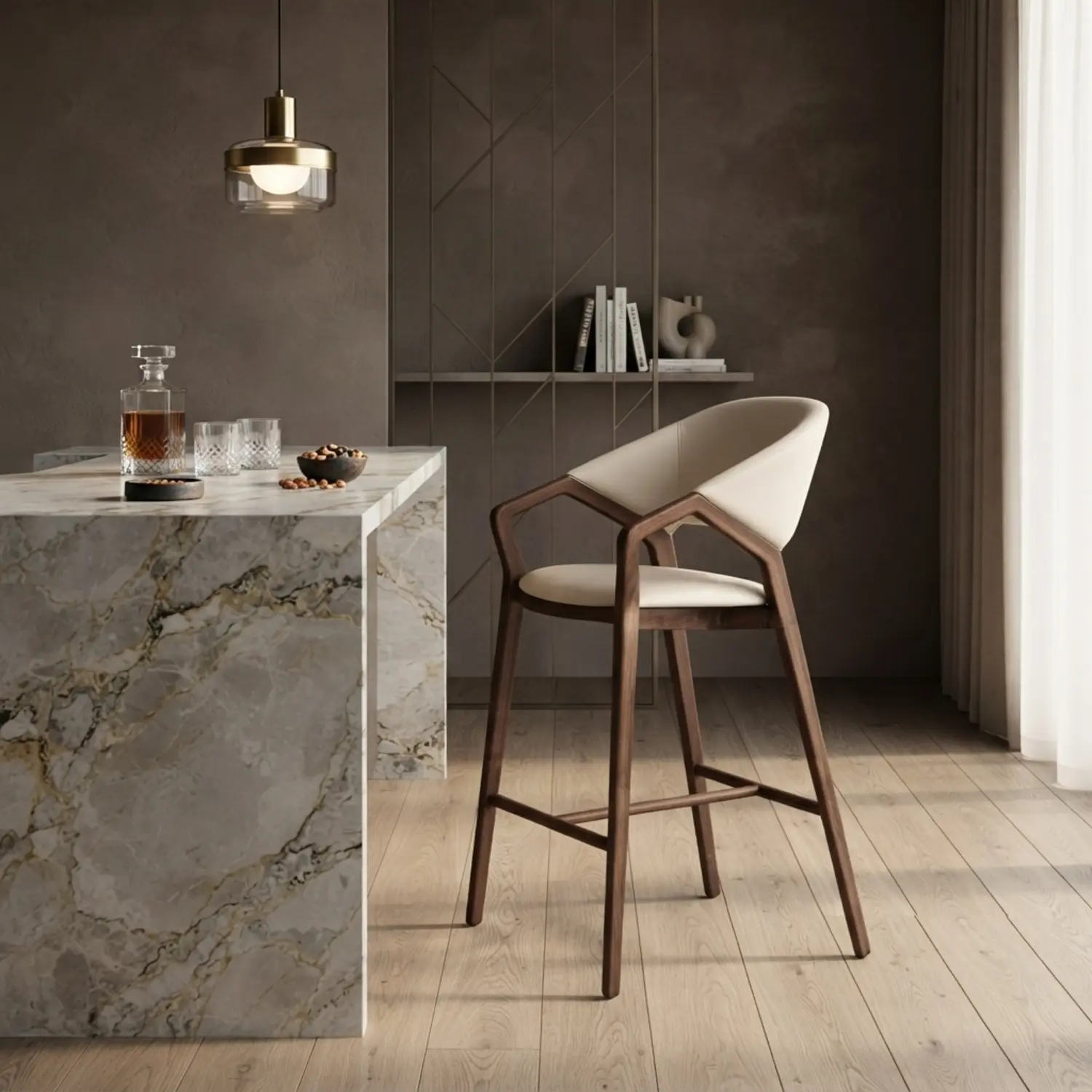 Beige Solid Ash Wood Upholstered curved back Bar Stool set of 2 Image - 4 | homeyfad