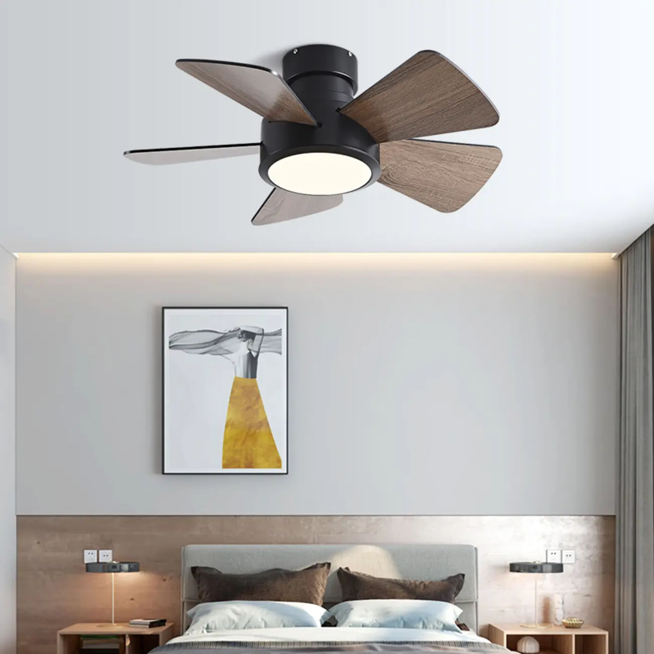 Modern Wood Flush Mount Ceiling Fan Dimmable LED for Bedroom Image - 2 | homeyfad
