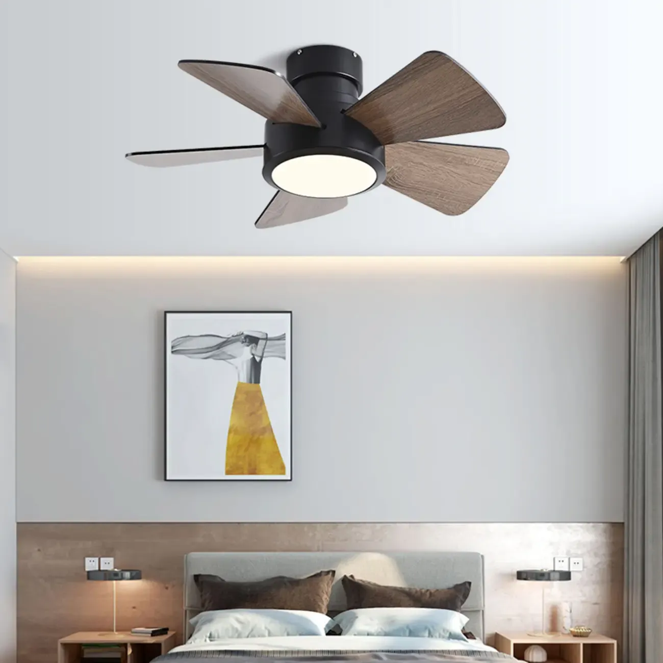 Modern Wood Flush Mount Ceiling Fan Dimmable LED for Bedroom