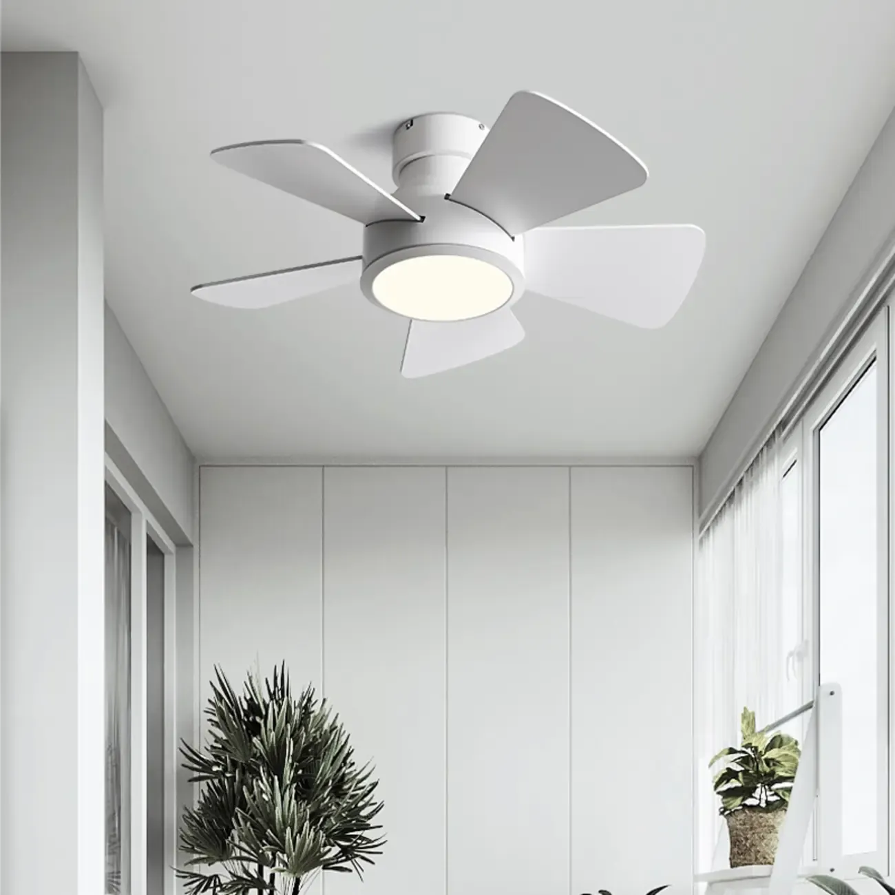 Modern Wood Flush Mount Ceiling Fan Dimmable LED for Bedroom