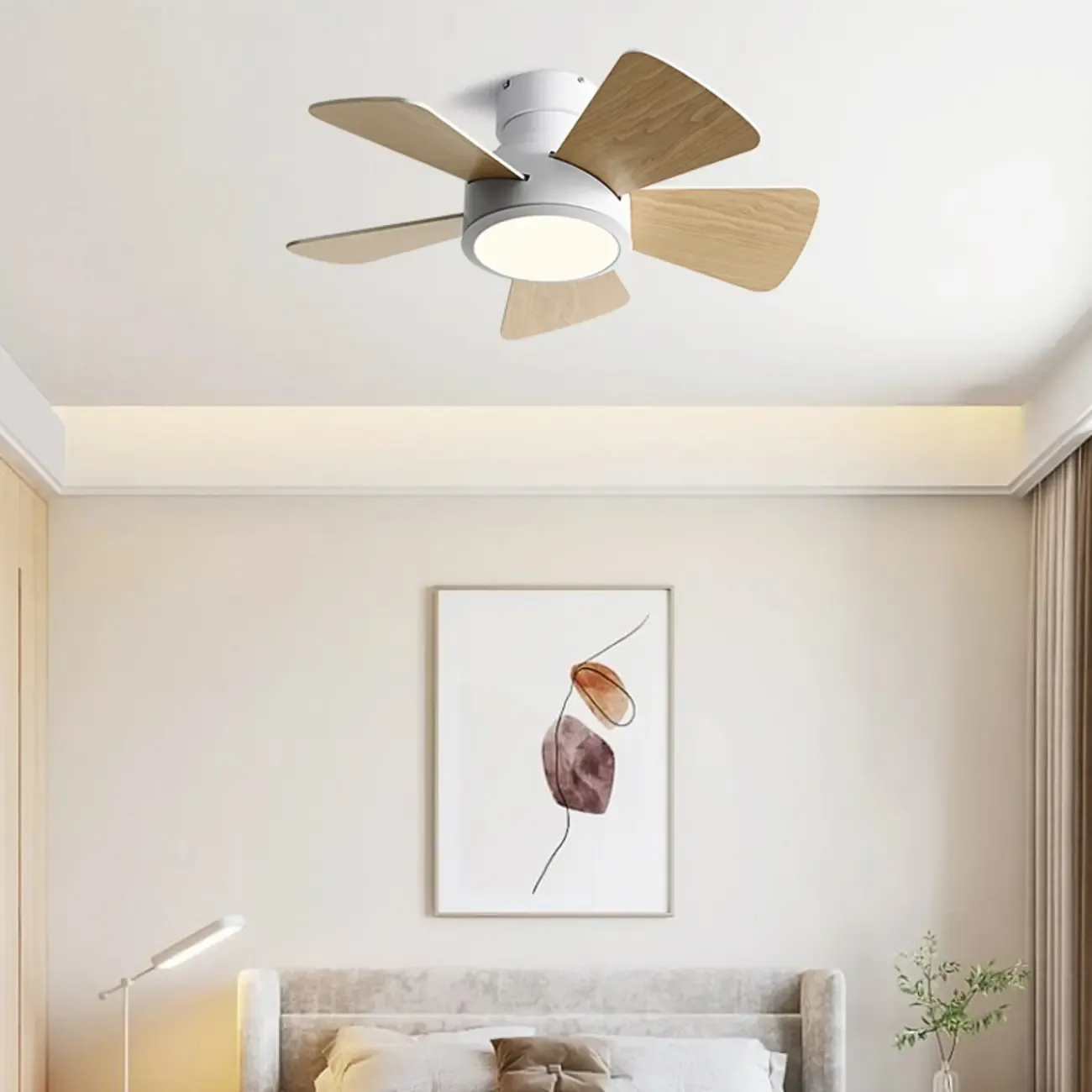 Modern Wood Flush Mount Ceiling Fan Dimmable LED for Bedroom