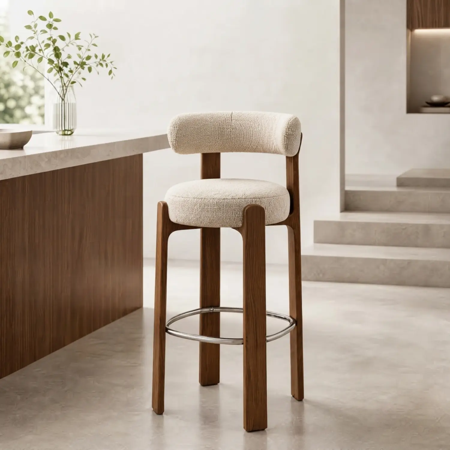 Walnut & White Counter Stool (25.5"H) 2 Piece Set Mid-Century Modern Solid Ash Wood Upholstered Bar Stools Set of 2 Image - 1 | homeyfad