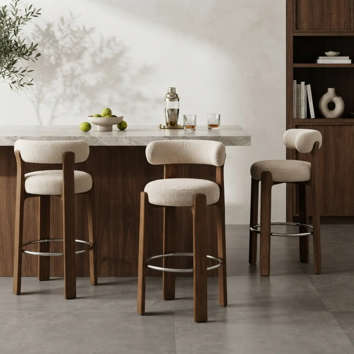 Mid-Century Modern Solid Ash Wood Upholstered Bar Stools Set of 2 Image - 2 | homeyfad
