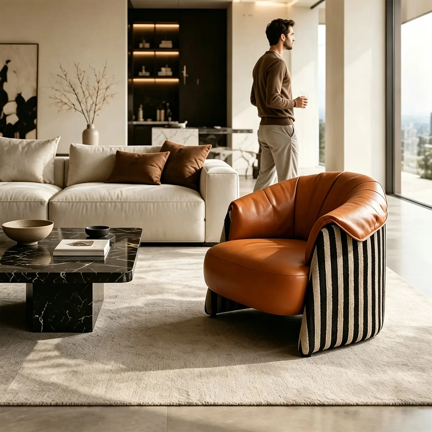 Modern Vintage Brown Top-Grain Leather Barrel Accent Chair Image - 7 | homeyfad