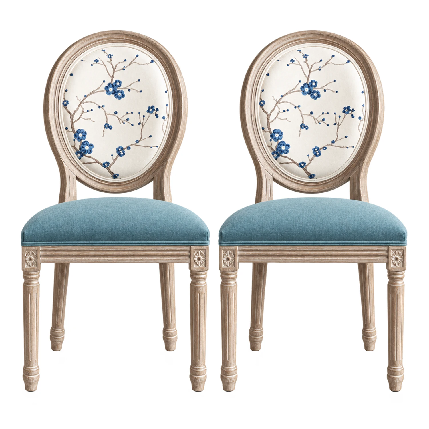 Blue Velvet 2 Piece Set French Country Upholstered Oval Round Back Dining Chairs Solid Wood Image - 14 | homeyfad