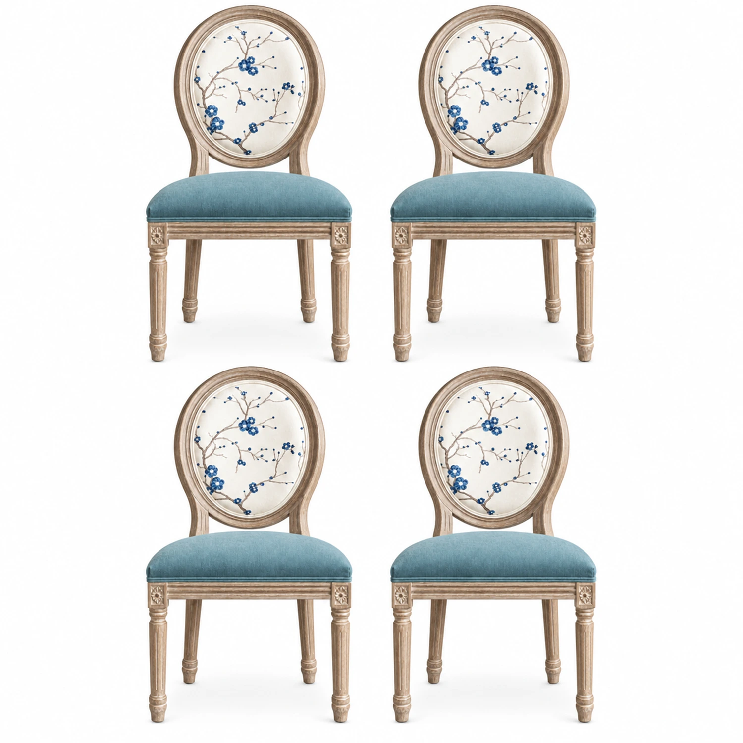 Blue Velvet 4 Piece Set French Country Upholstered Oval Round Back Dining Chairs Solid Wood Image - 15 | homeyfad