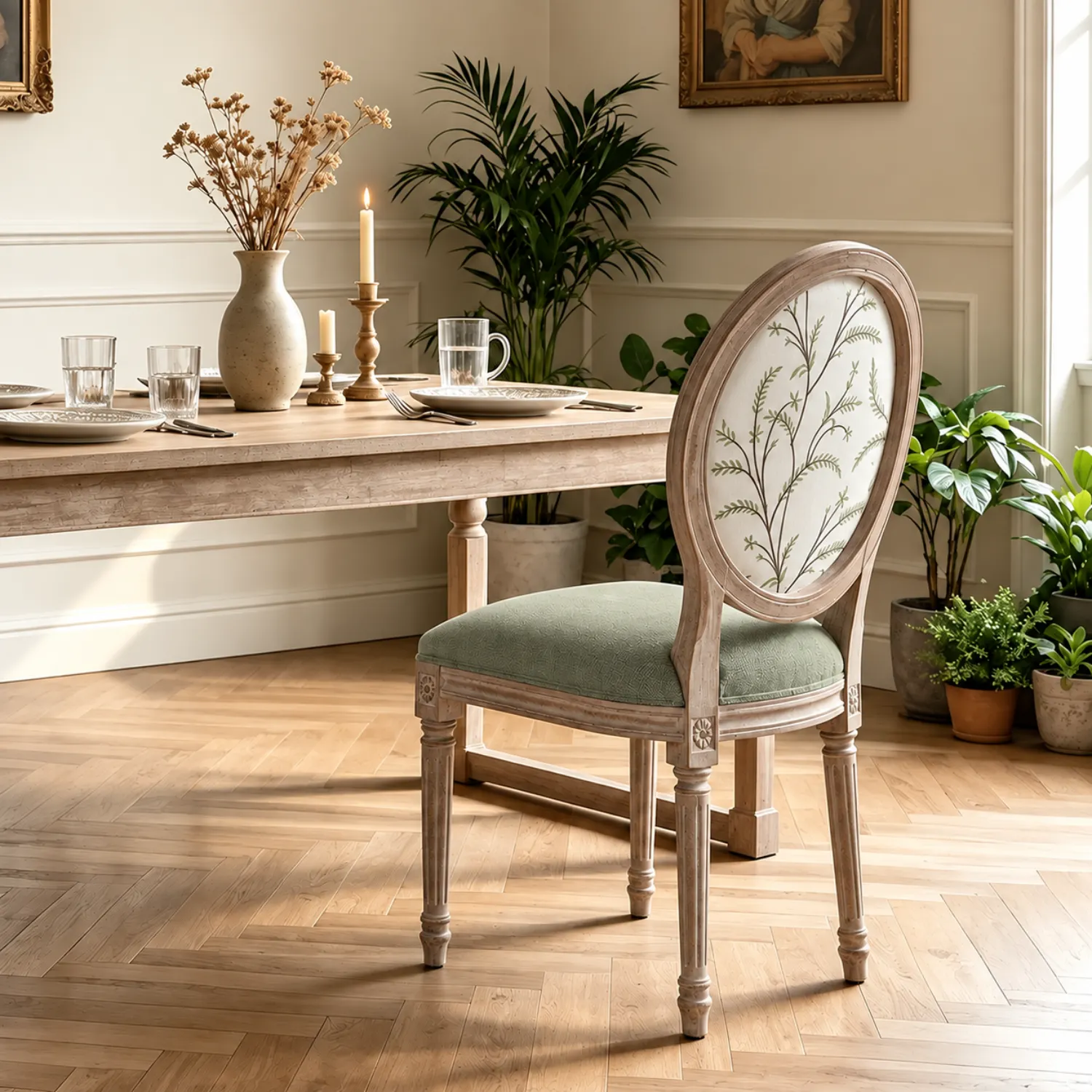 Green Velvet 1 Piece French Country Upholstered Oval Round Back Dining Chairs Solid Wood Image - 2 | homeyfad