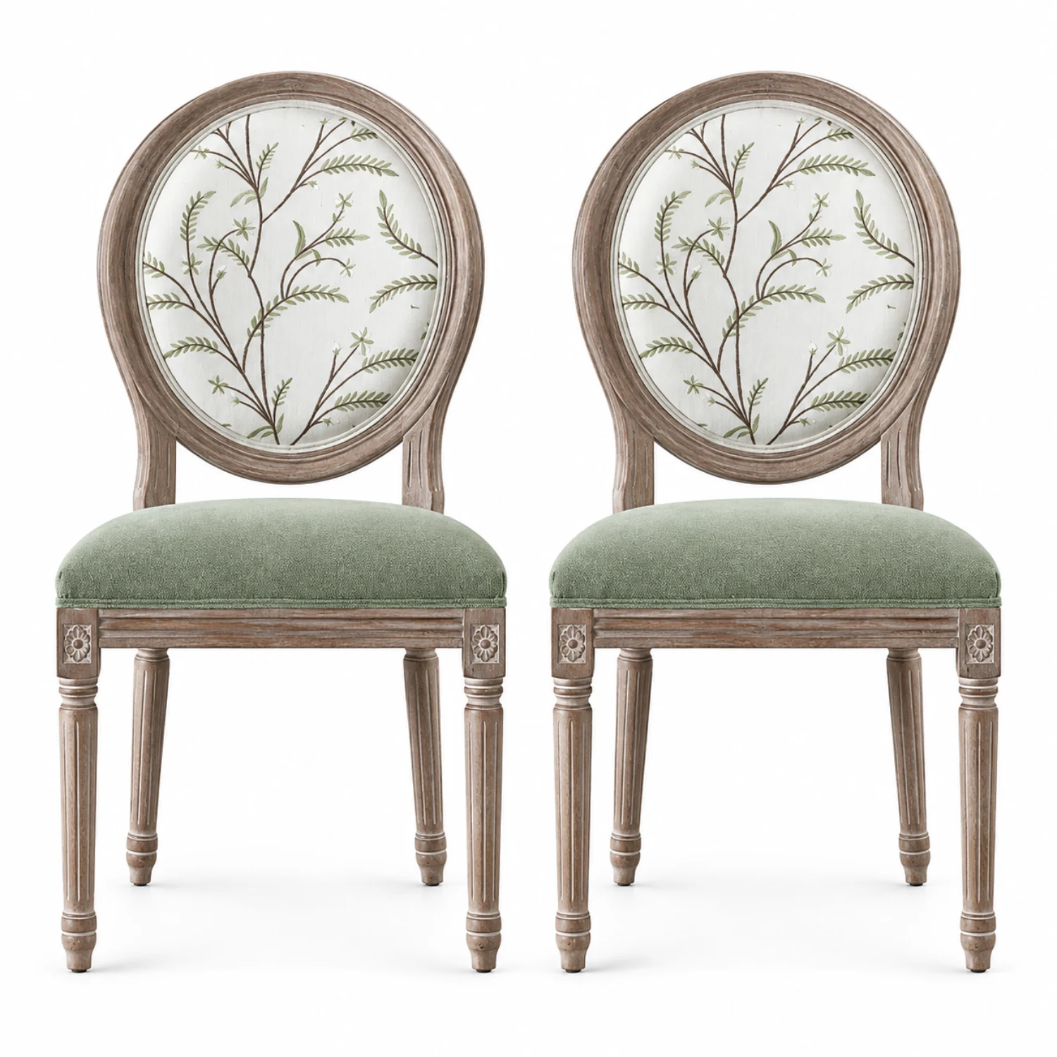Green Velvet 2 Piece Set French Country Upholstered Oval Round Back Dining Chairs Solid Wood Image - 16 | homeyfad