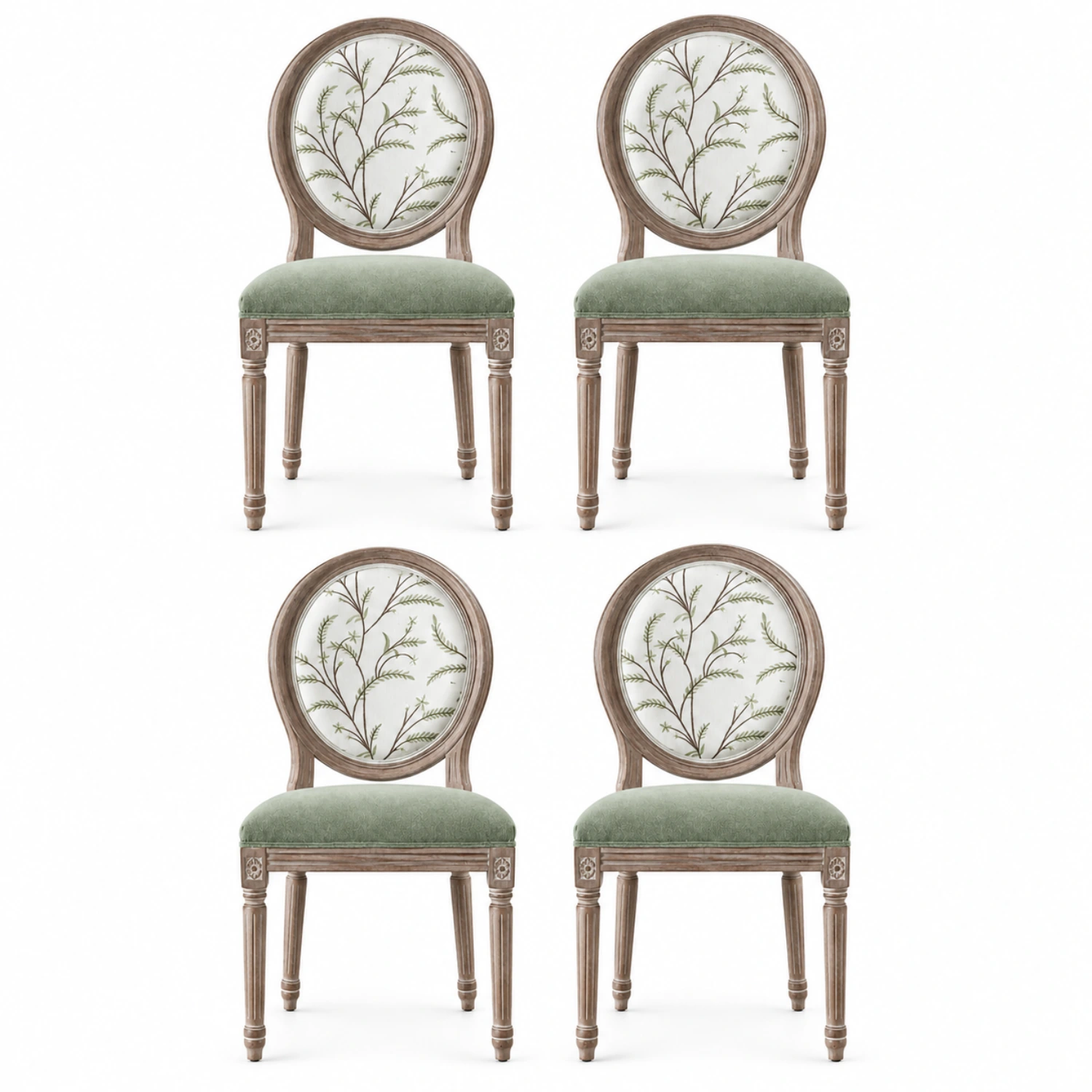 Green Velvet 4 Piece Set French Country Upholstered Oval Round Back Dining Chairs Solid Wood Image - 17 | homeyfad