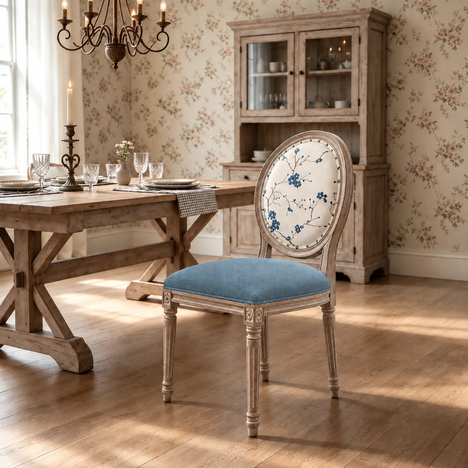 Blue Velvet 1 Piece French Country Upholstered Oval Round Back Dining Chairs Solid Wood Image - 1 | homeyfad