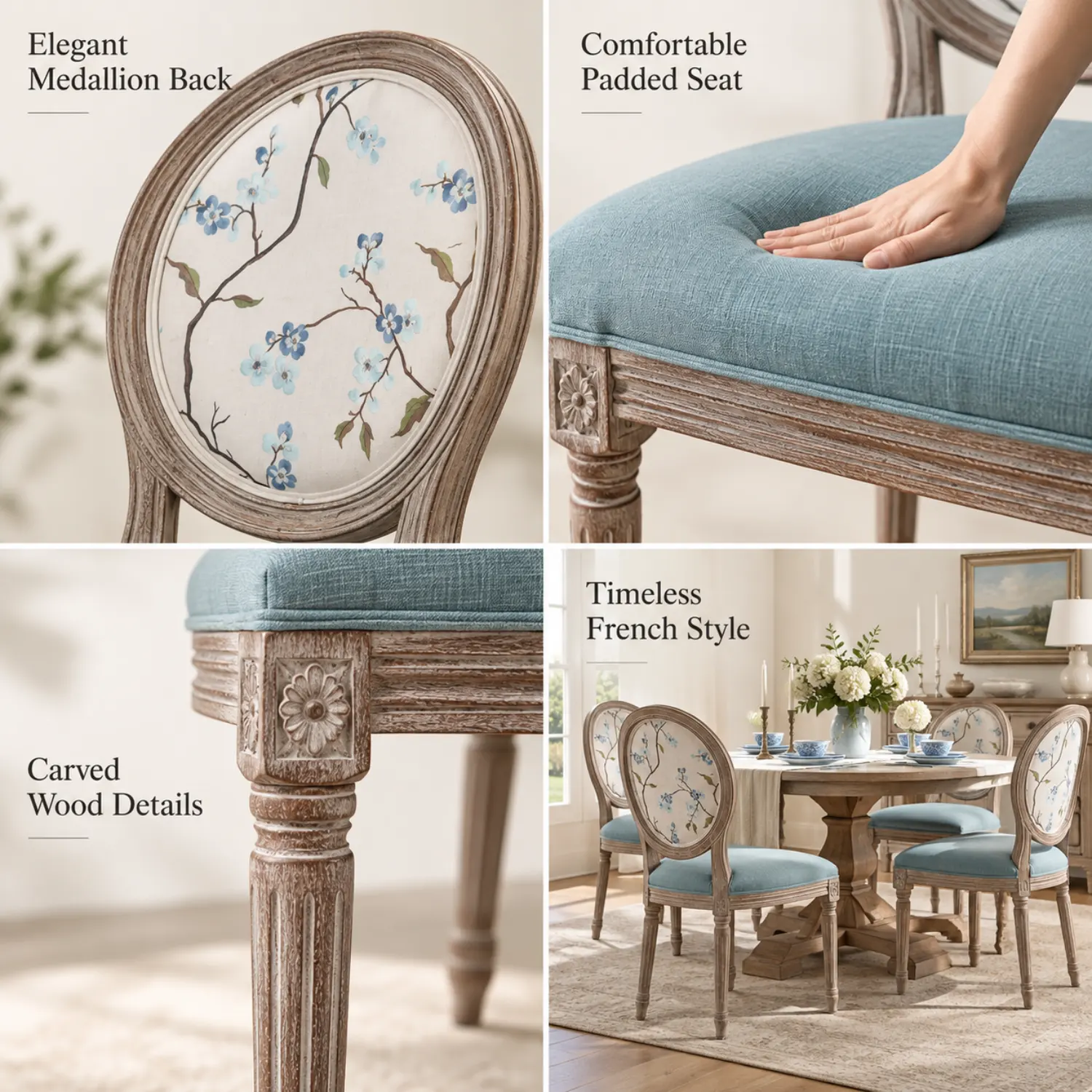 French Country Upholstered Oval Round Back Dining Chairs Solid Wood Image - 7 | homeyfad