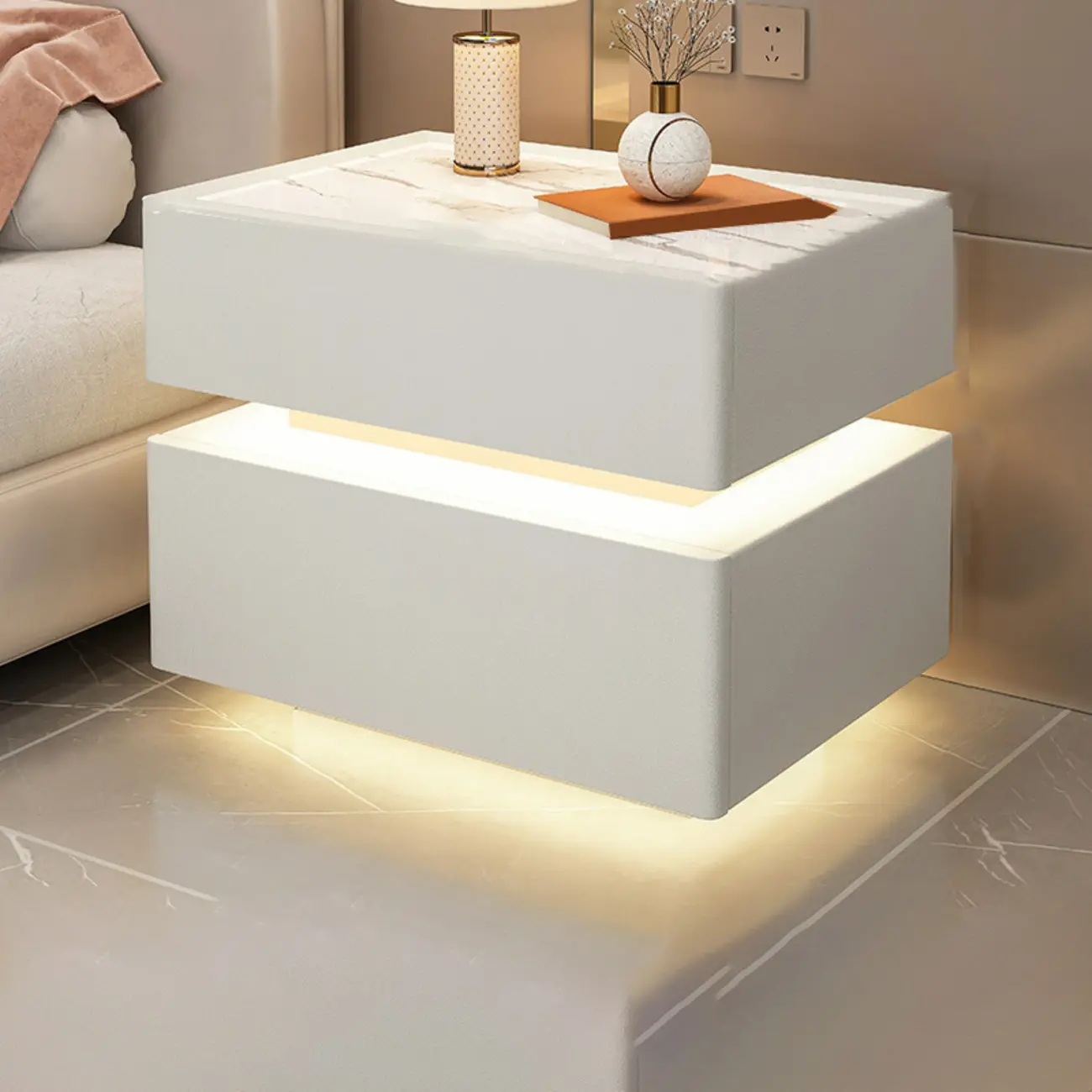 LED 2-Tier White Wooden Storage Bedroom Nightstand Image - 1 | homeyfad