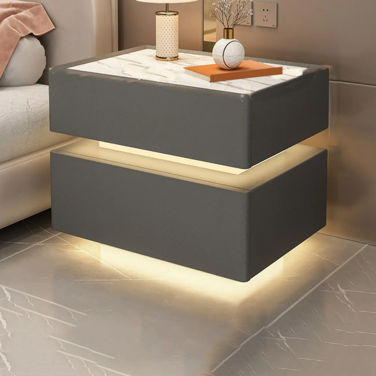 LED 2-Tier White Wooden Storage Bedroom Nightstand Image - 2 | homeyfad