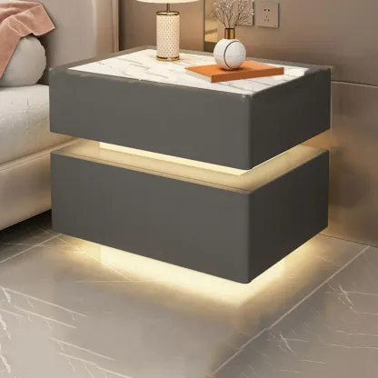 LED 2-Tier White Wooden Storage Bedroom Nightstand Image - 2
