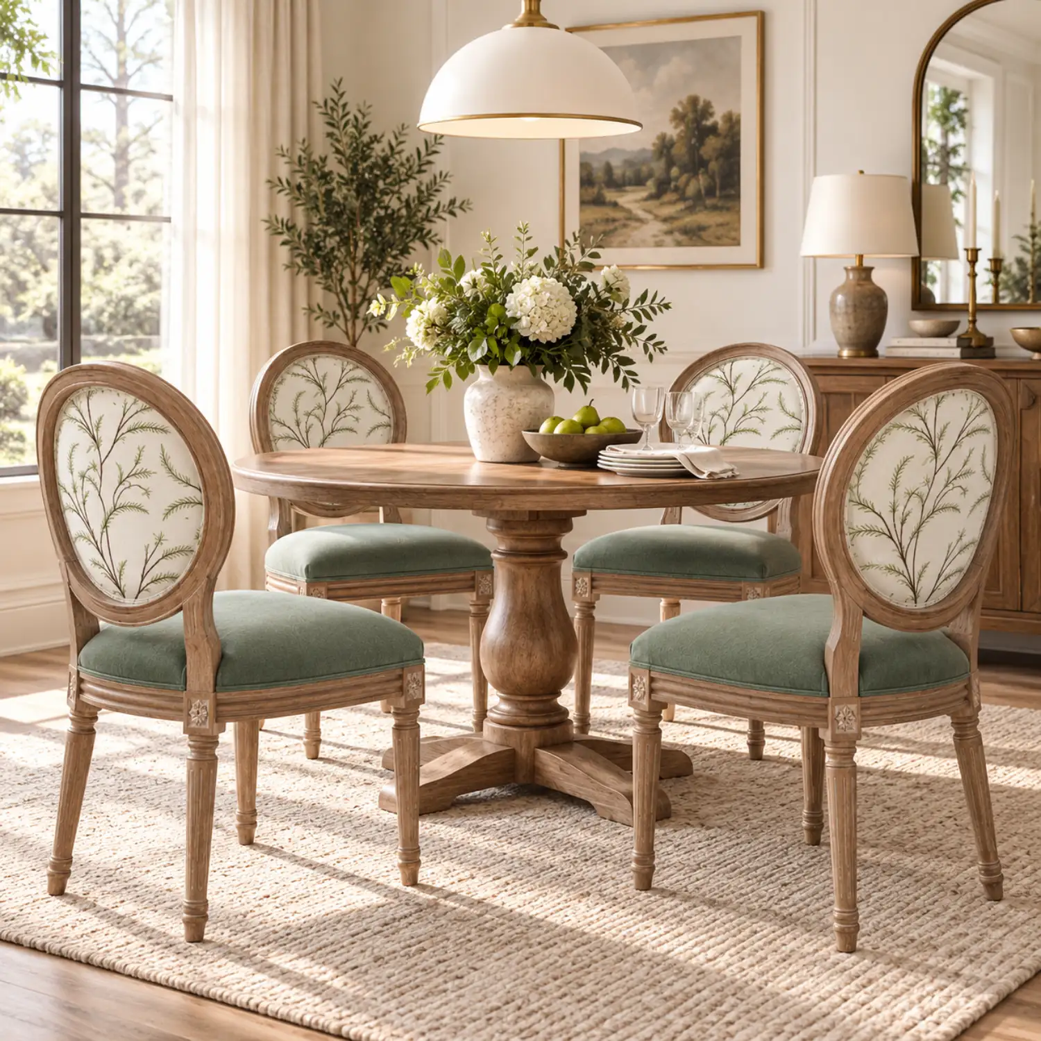 French Country Upholstered Oval Round Back Dining Chairs Solid Wood Image - 8 | homeyfad