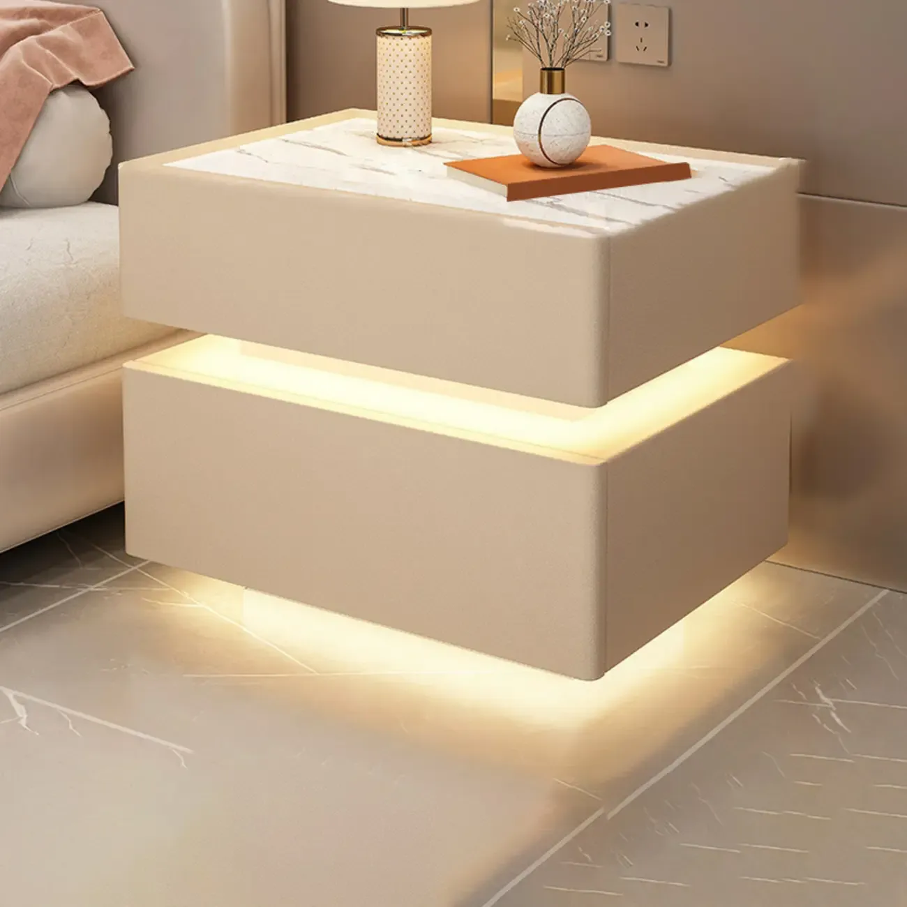 LED 2-Tier White Wooden Storage Bedroom Nightstand Image - 3