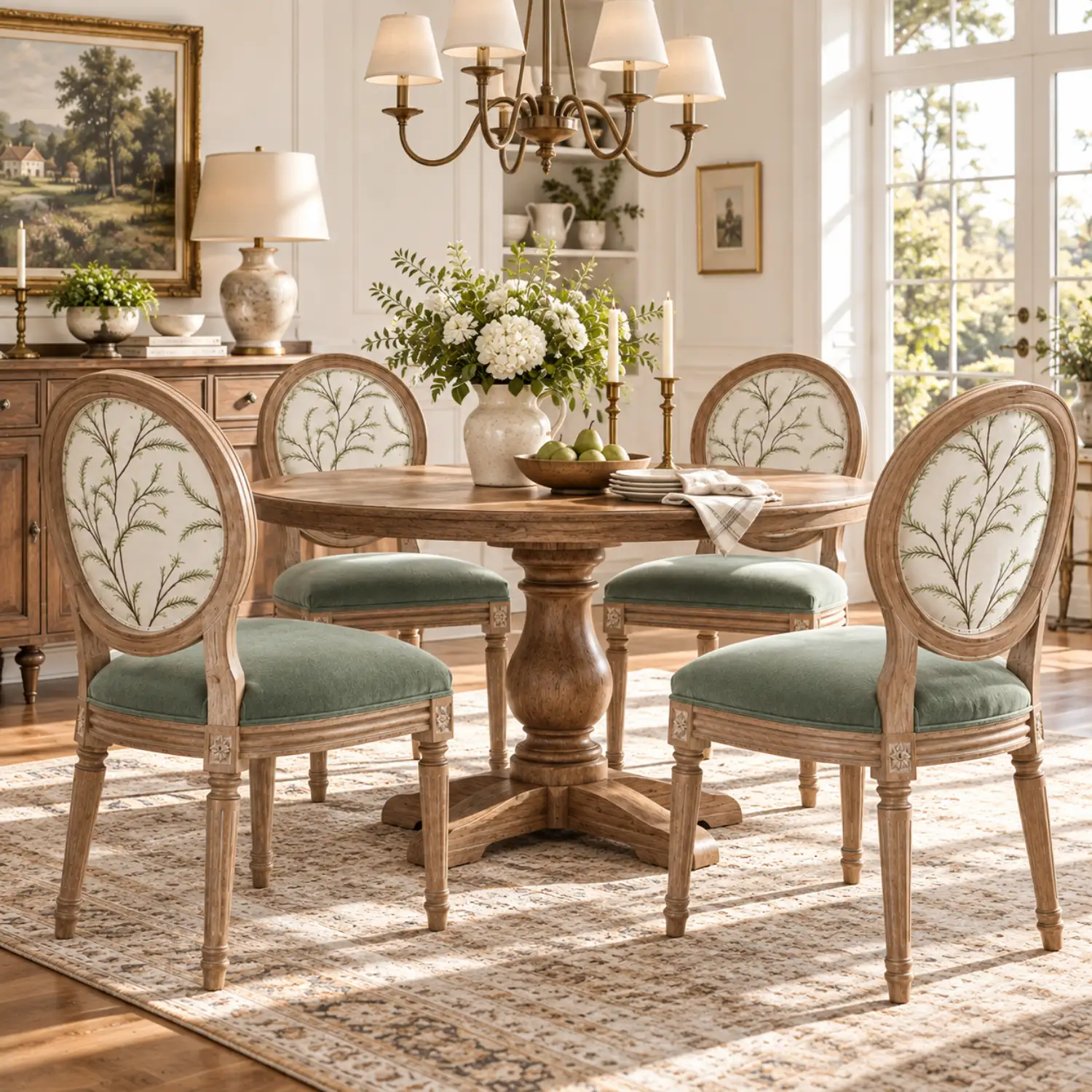 French Country Upholstered Oval Round Back Dining Chairs Solid Wood Image - 3 | homeyfad