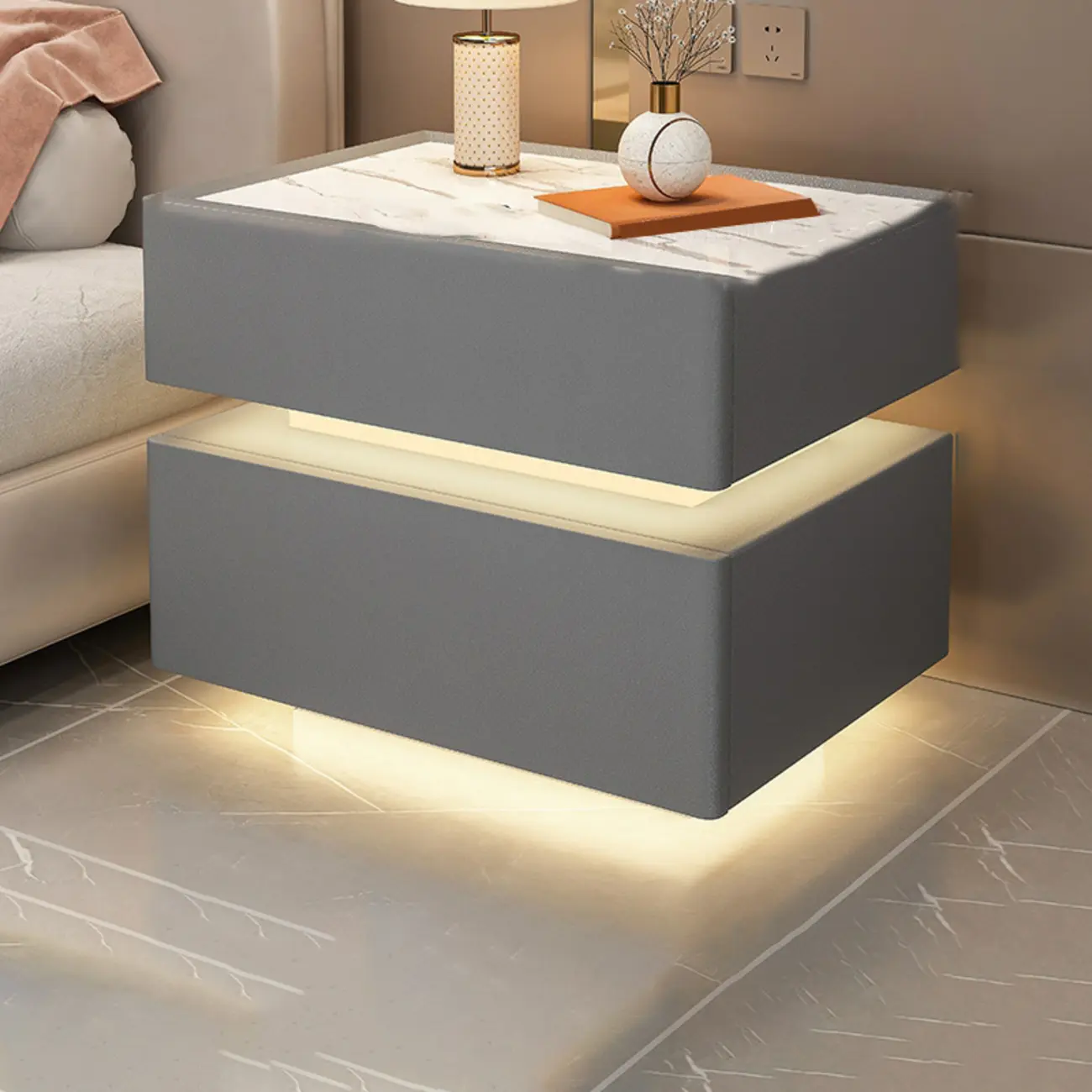 LED 2-Tier White Wooden Storage Bedroom Nightstand Image - 4 | homeyfad