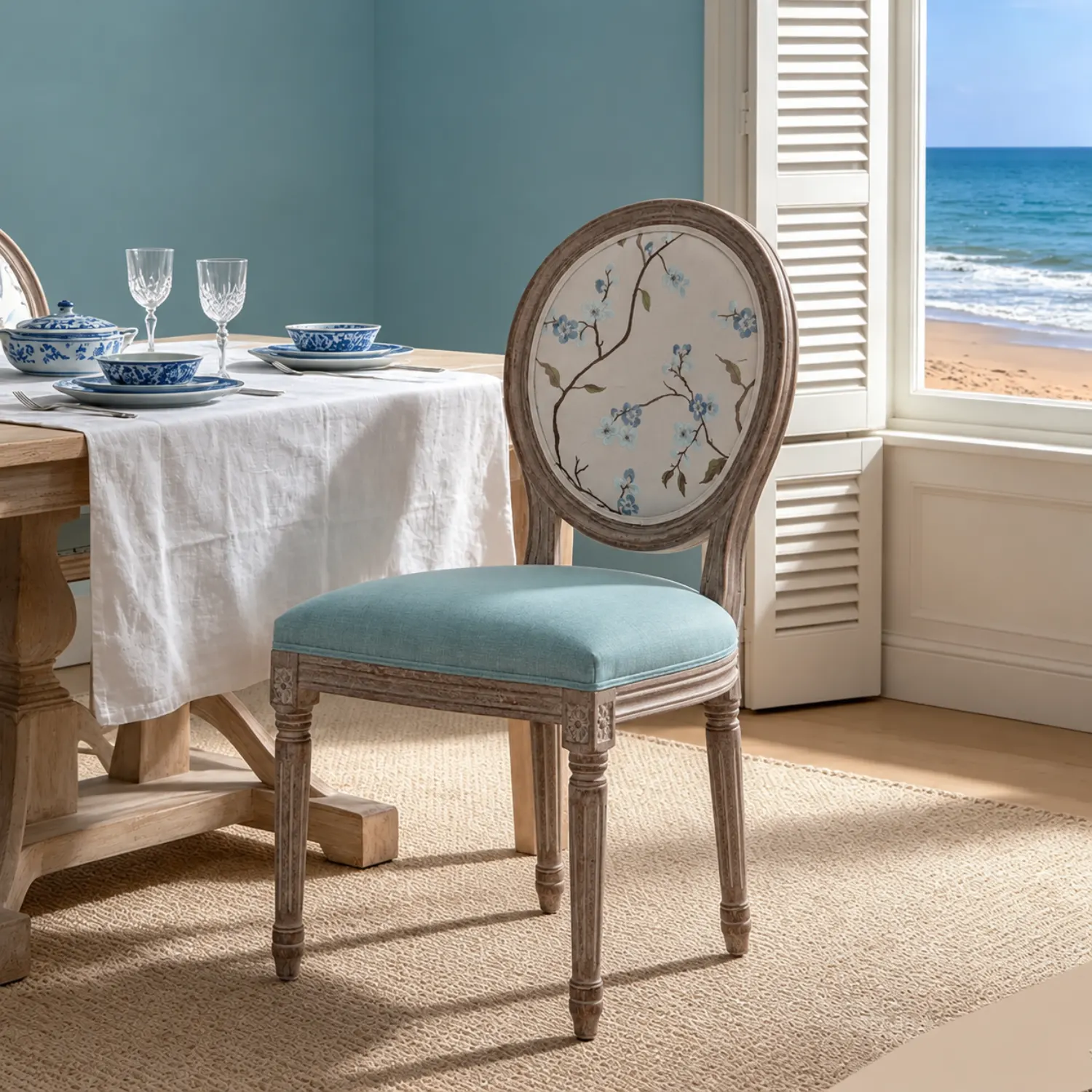 Aqua Blue Linen 1 Piece French Country Upholstered Oval Round Back Dining Chairs Solid Wood Image - 4 | homeyfad
