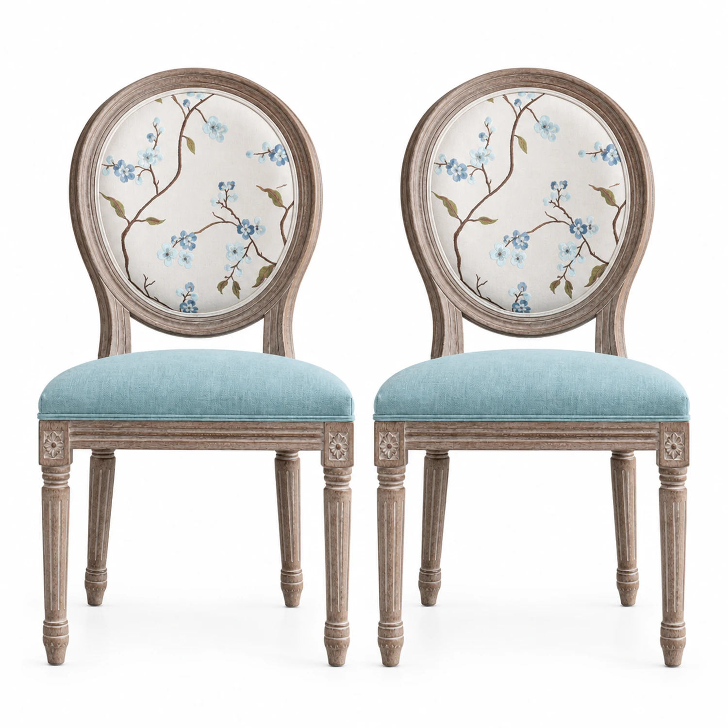 Aqua Blue Linen 2 Piece Set French Country Upholstered Oval Round Back Dining Chairs Solid Wood Image - 21 | homeyfad
