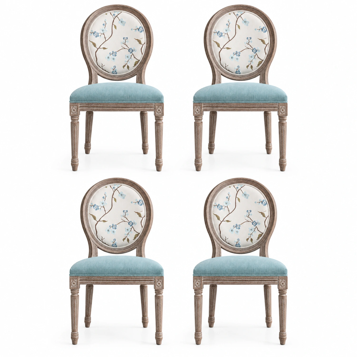 Aqua Blue Linen 4 Piece Set French Country Upholstered Oval Round Back Dining Chairs Solid Wood Image - 22 | homeyfad