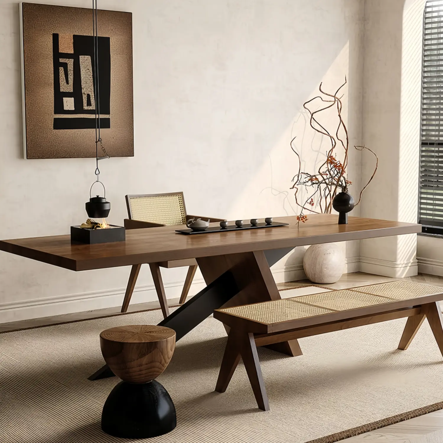 Modern Industrial Rectangular Solid Pine Wood Dining Table with Iron Base Image - 5 | homeyfad