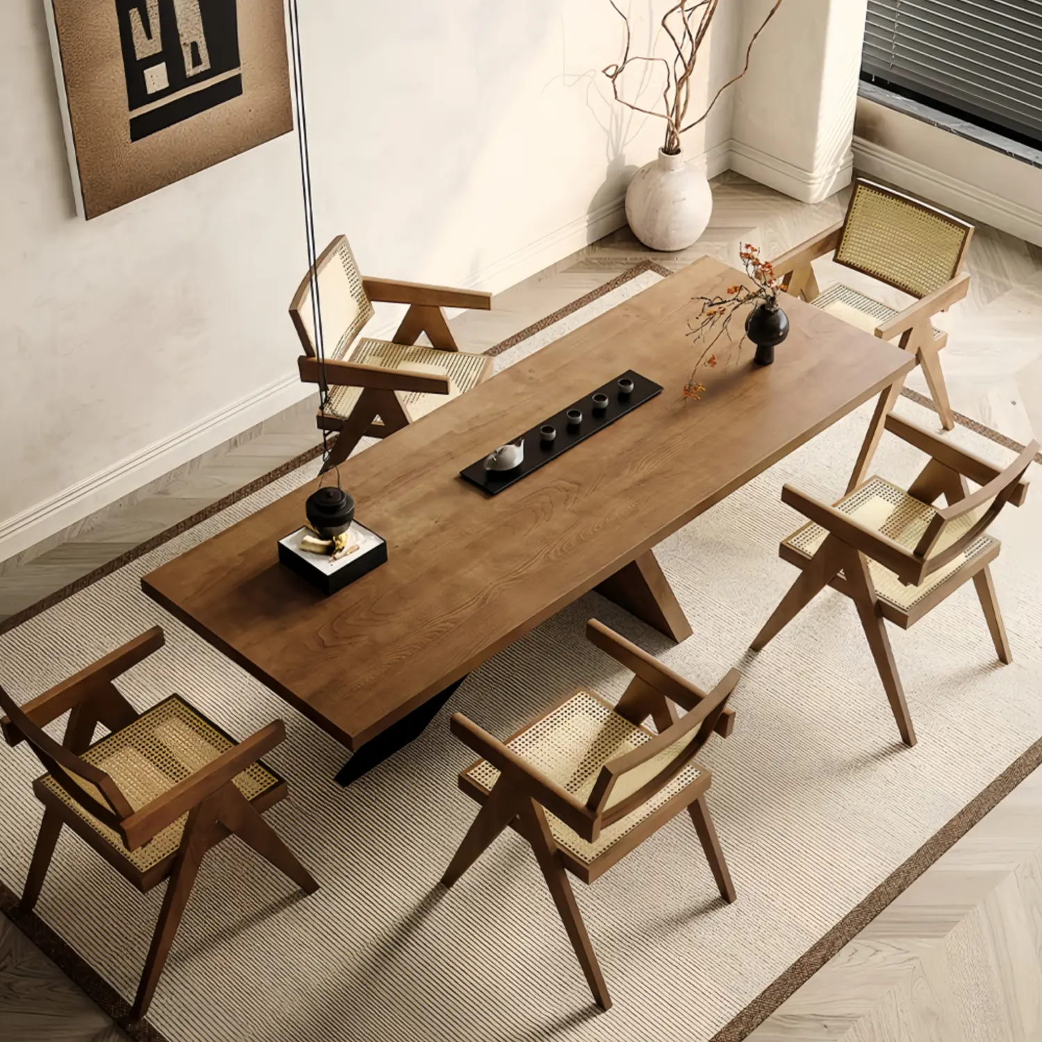 Modern Industrial Rectangular Solid Pine Wood Dining Table with Iron Base Image - 3 | homeyfad