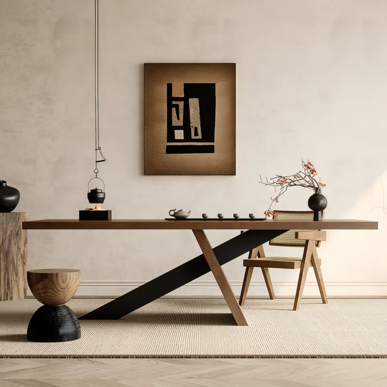 Modern Industrial Rectangular Solid Pine Wood Dining Table with Iron Base Image - 1 | homeyfad
