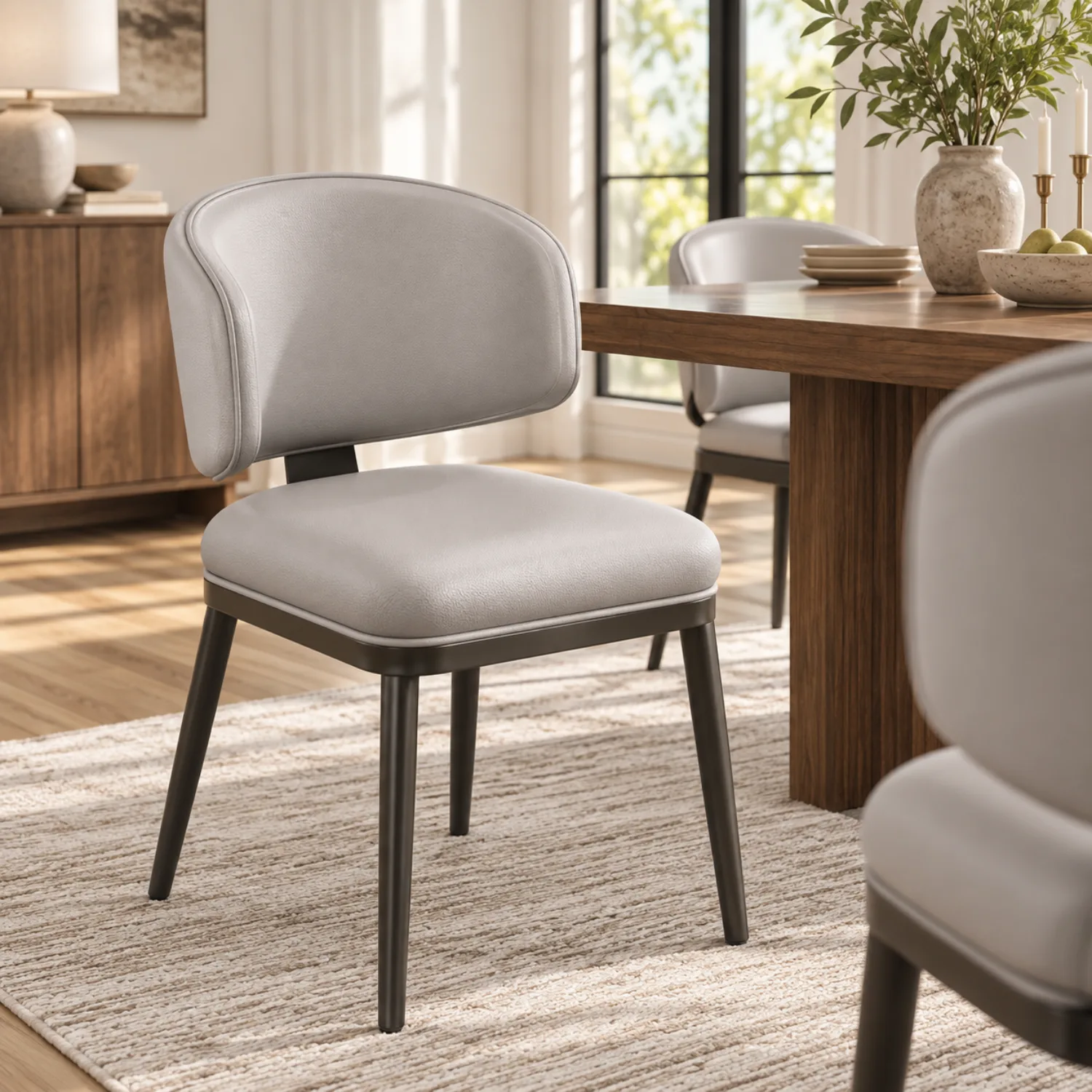 Light Gray Curved Back Modern Upholstered Faux Leather Dining Chair Image - 3 | homeyfad