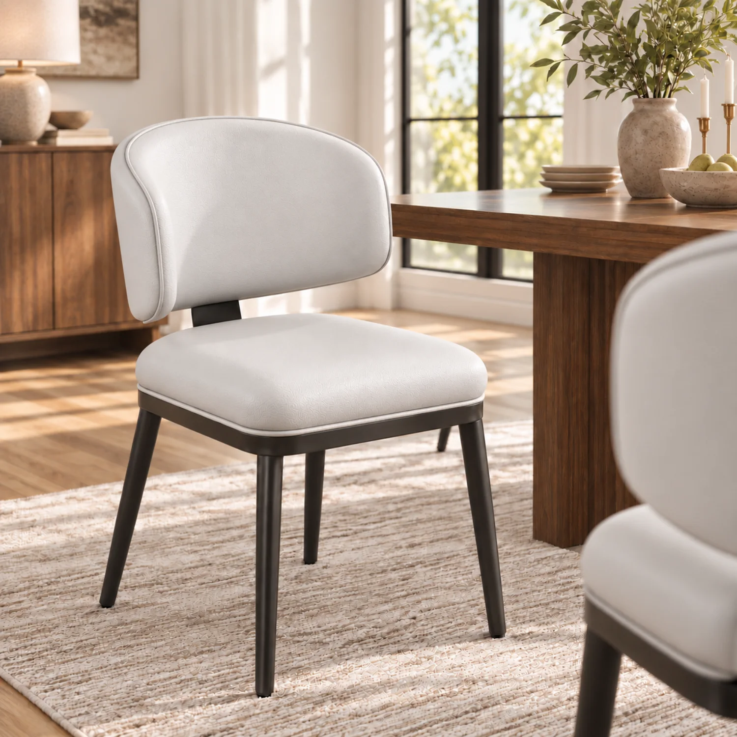 Off-White Curved Back Modern Upholstered Faux Leather Dining Chair Image - 9 | homeyfad