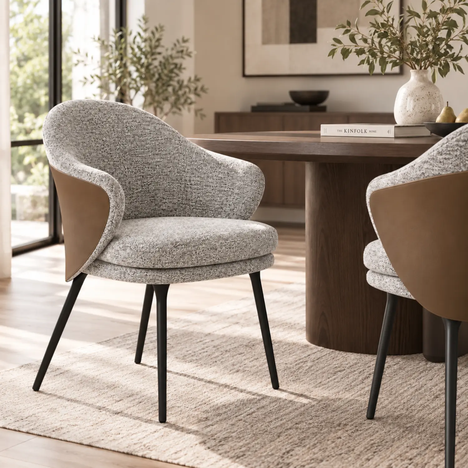 Brown + Gray Modern Cotton-linen Upholstered Low Back Arm Chairs Image - 2 | homeyfad