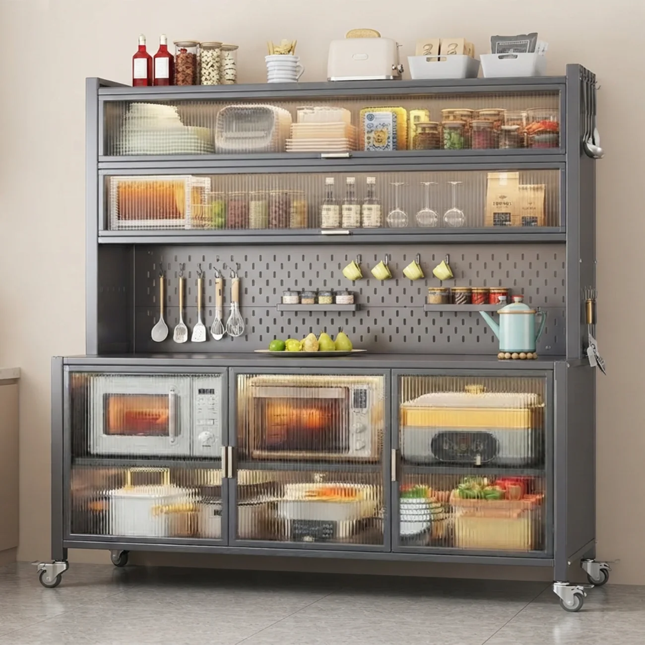 Grey 47"L x 17"W x 74"H Modern Metal Adjustable Shelving Narrow Sideboard Image - 2 | homeyfad