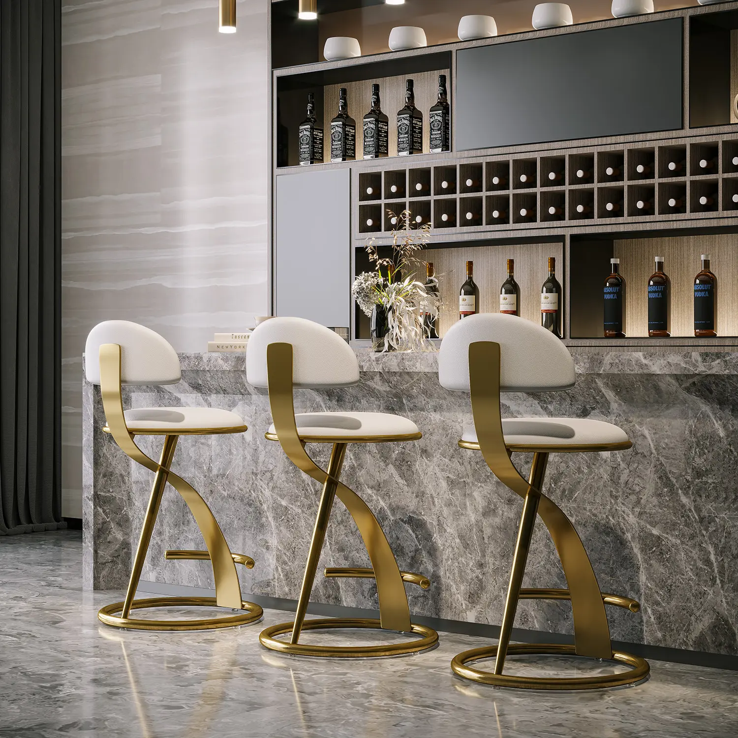Luxury Gold Metal Frame Sleek Beige Leather Bar Stool Image - 2 | homeyfad