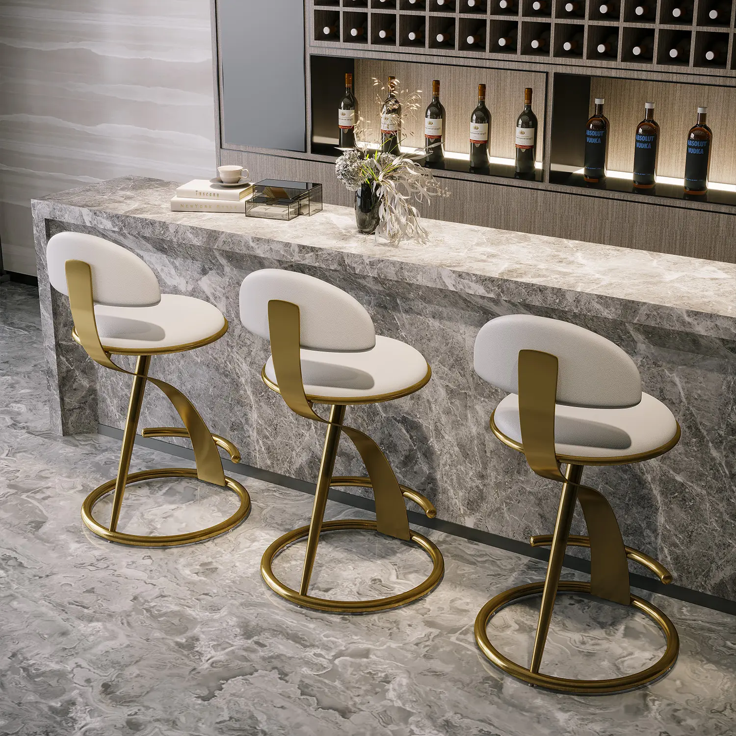 Luxury Gold Metal Frame Sleek Beige Leather Bar Stool Image - 4 | homeyfad