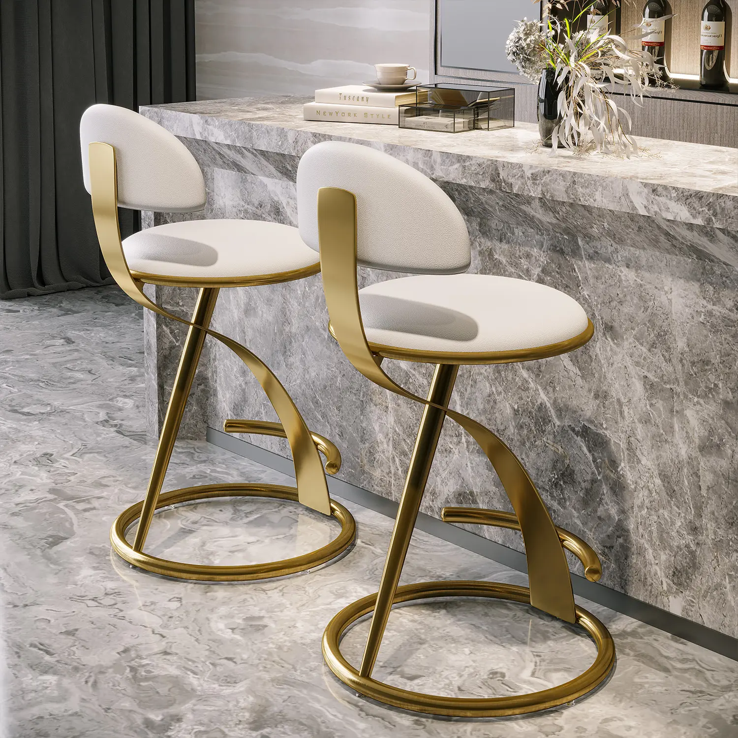 Luxury Gold Metal Frame Sleek Beige Leather Bar Stool Image - 6 | homeyfad