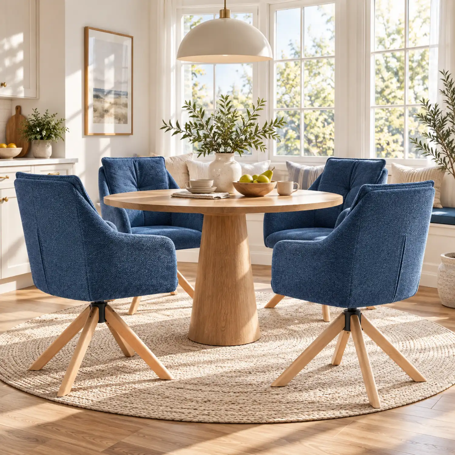 Modern Swivel Blue Fleece Upholstered Curved Back Dining Chairs Image - 2 | homeyfad