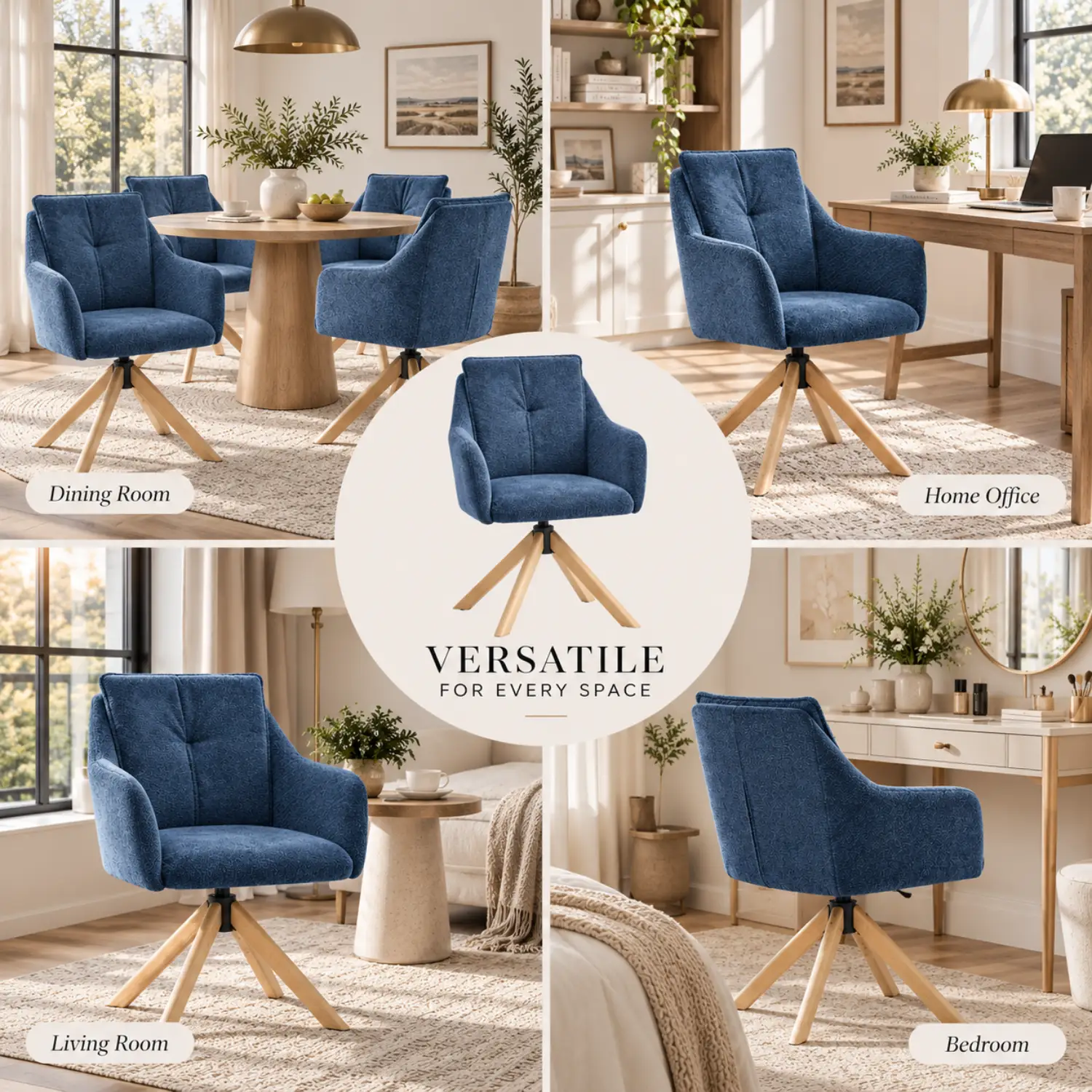 Modern Swivel Blue Fleece Upholstered Curved Back Dining Chairs Image - 4 | homeyfad