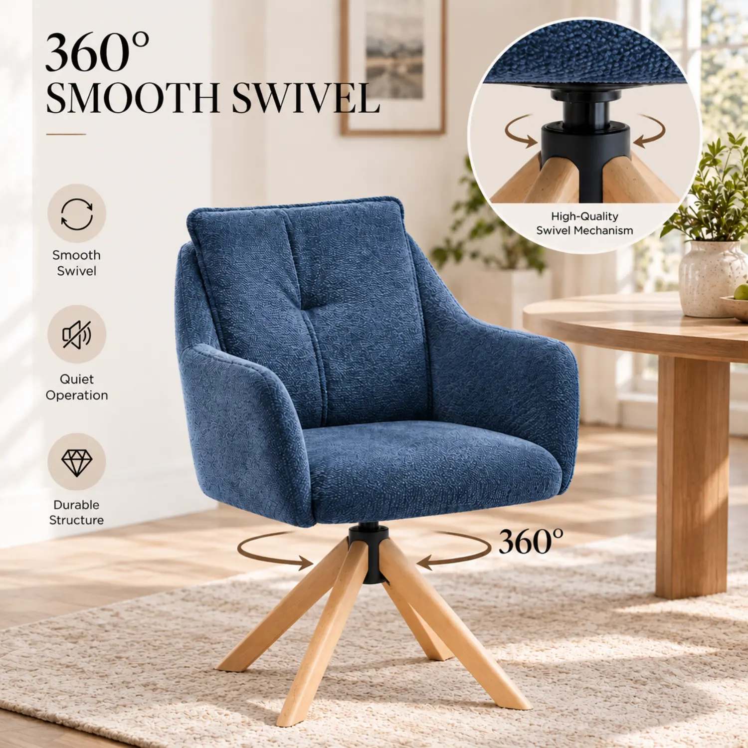 Modern Swivel Blue Fleece Upholstered Curved Back Dining Chairs Image - 5 | homeyfad